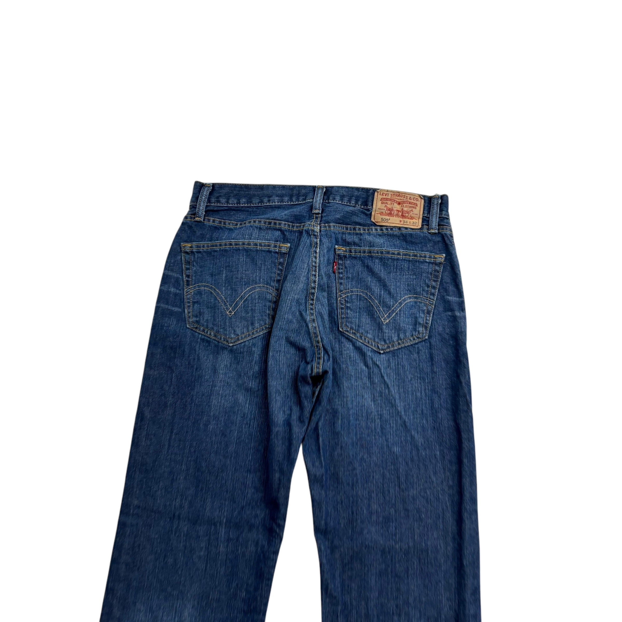 Levis 505 Jeans W34 L32 Mens Dark Blue Regular Straight Fit Vintage Denim (E)
