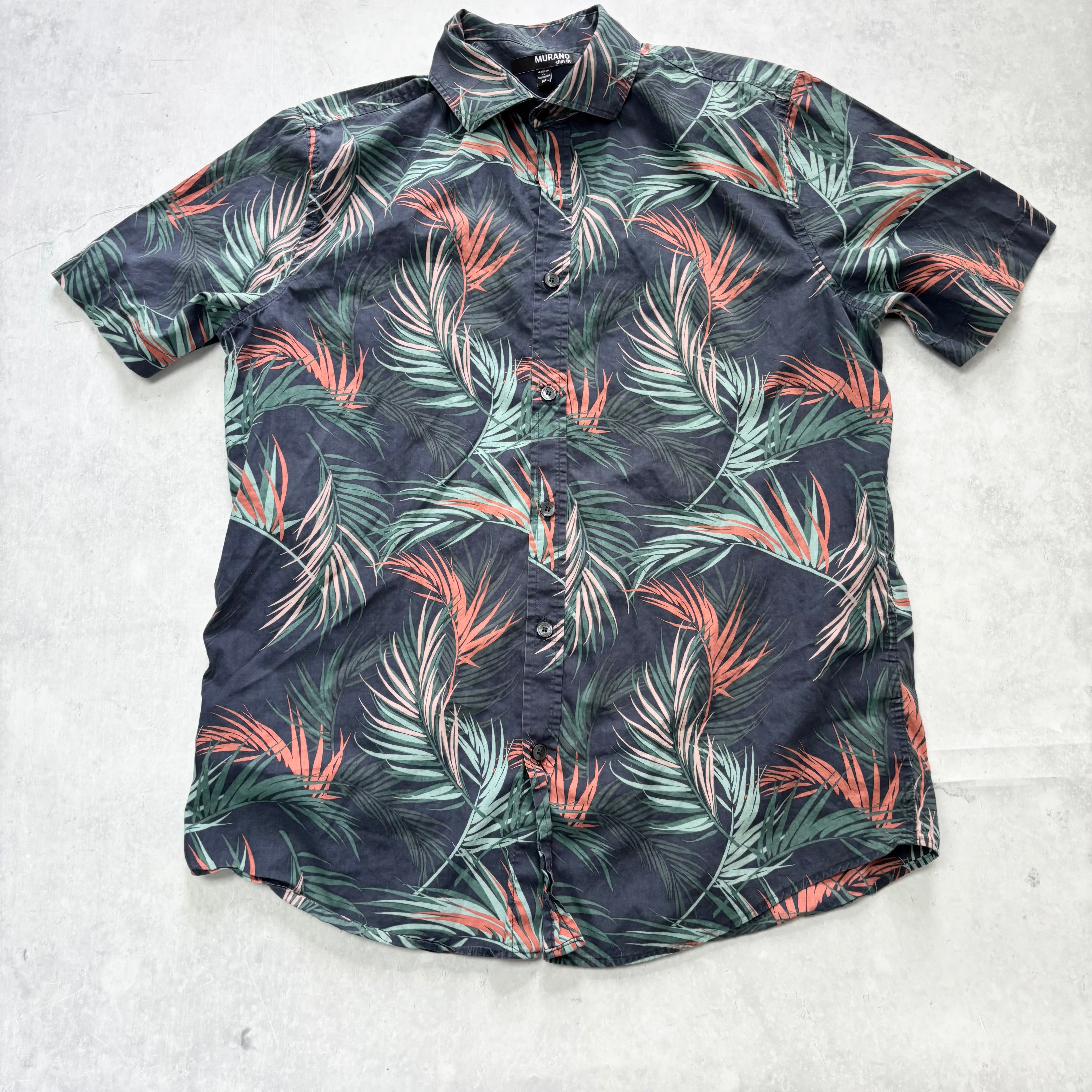Hawaiian Shirt Mens Medium Navy Floral Aloha Short Sleeve Cotton Slim Fit (E)