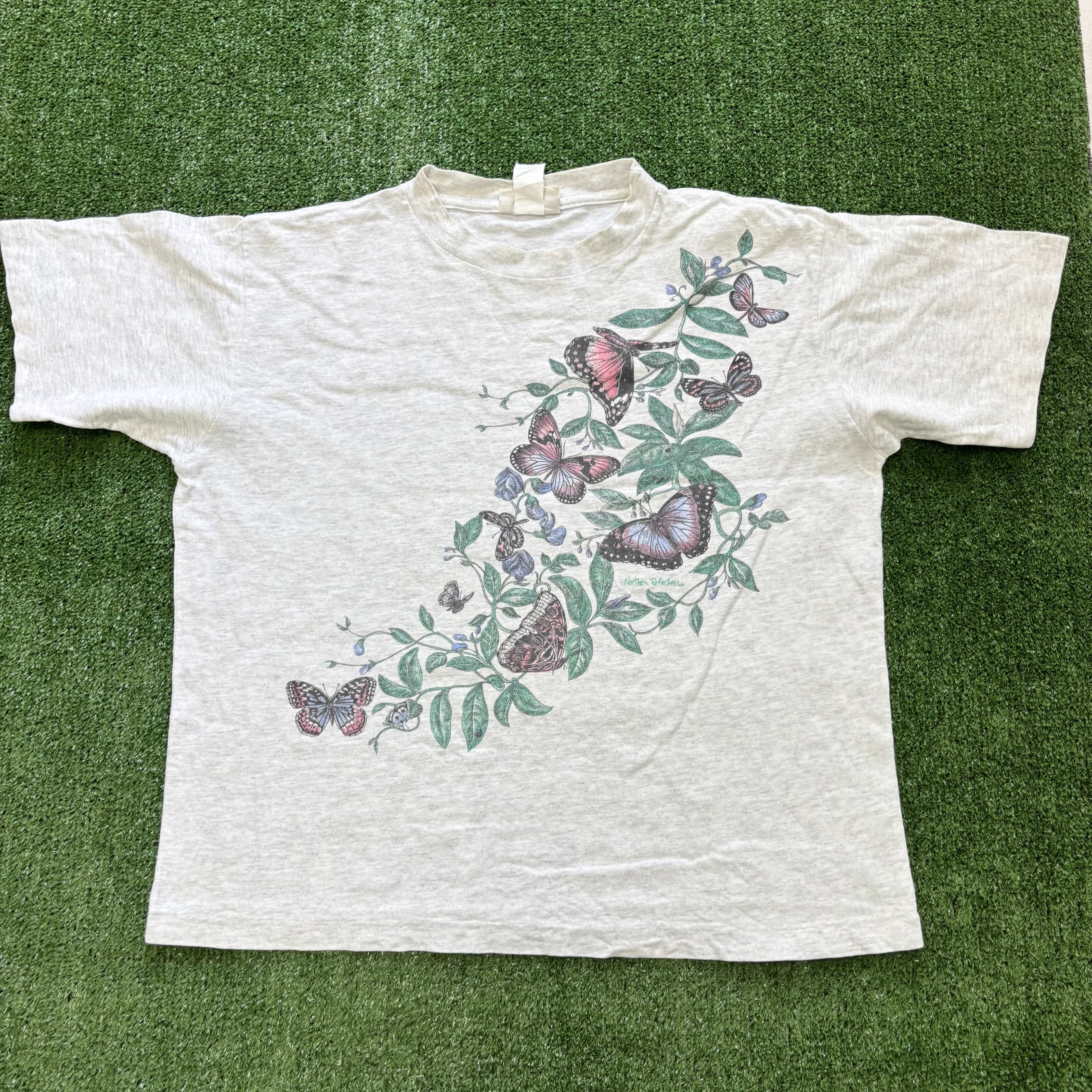 Vintage T Shirt Mens Small Grey Single Stitch Graphic Print 90s Butterflys (E)