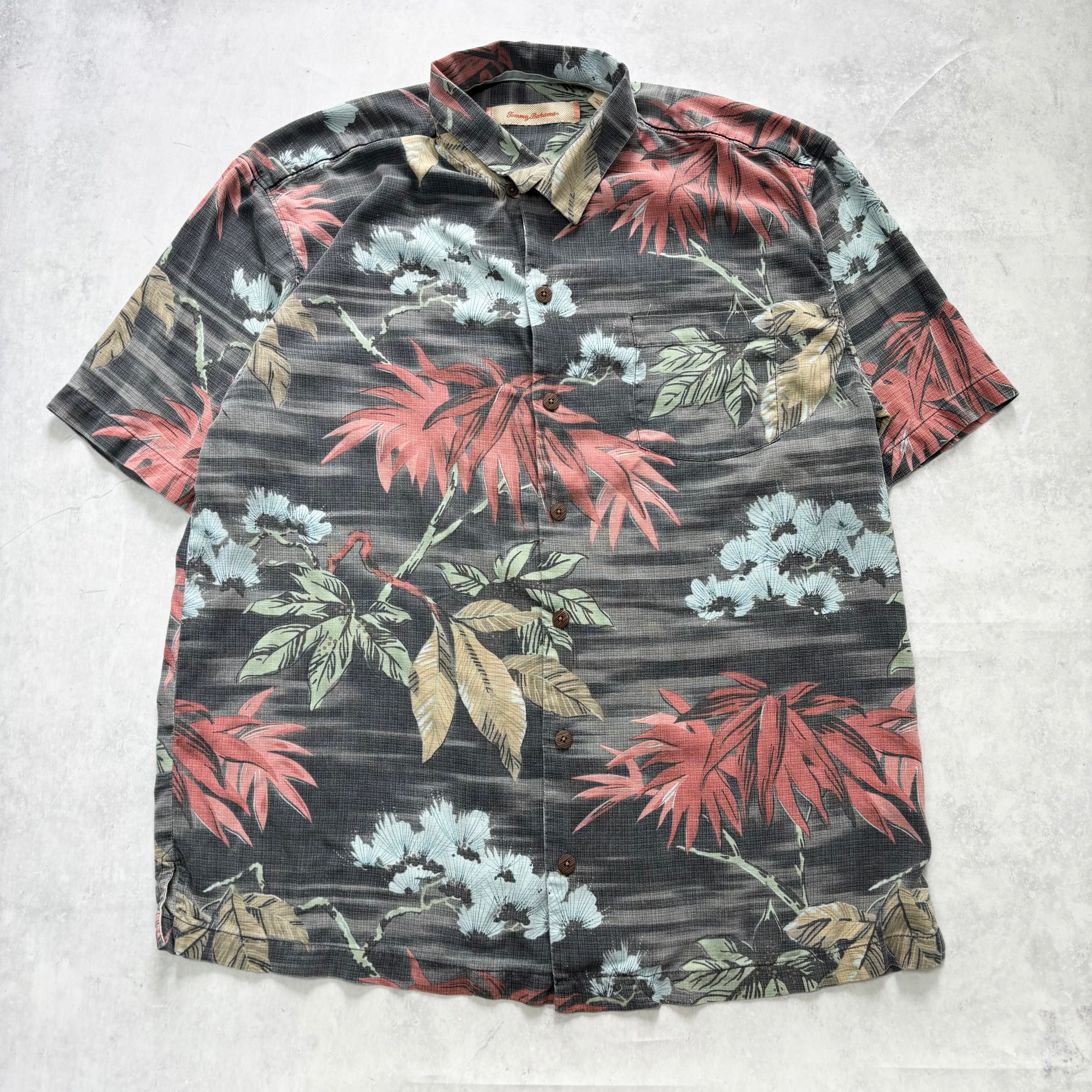 Vintage Hawaiian Shirt Mens Large Grey Floral Aloha Short Sleeve Silk