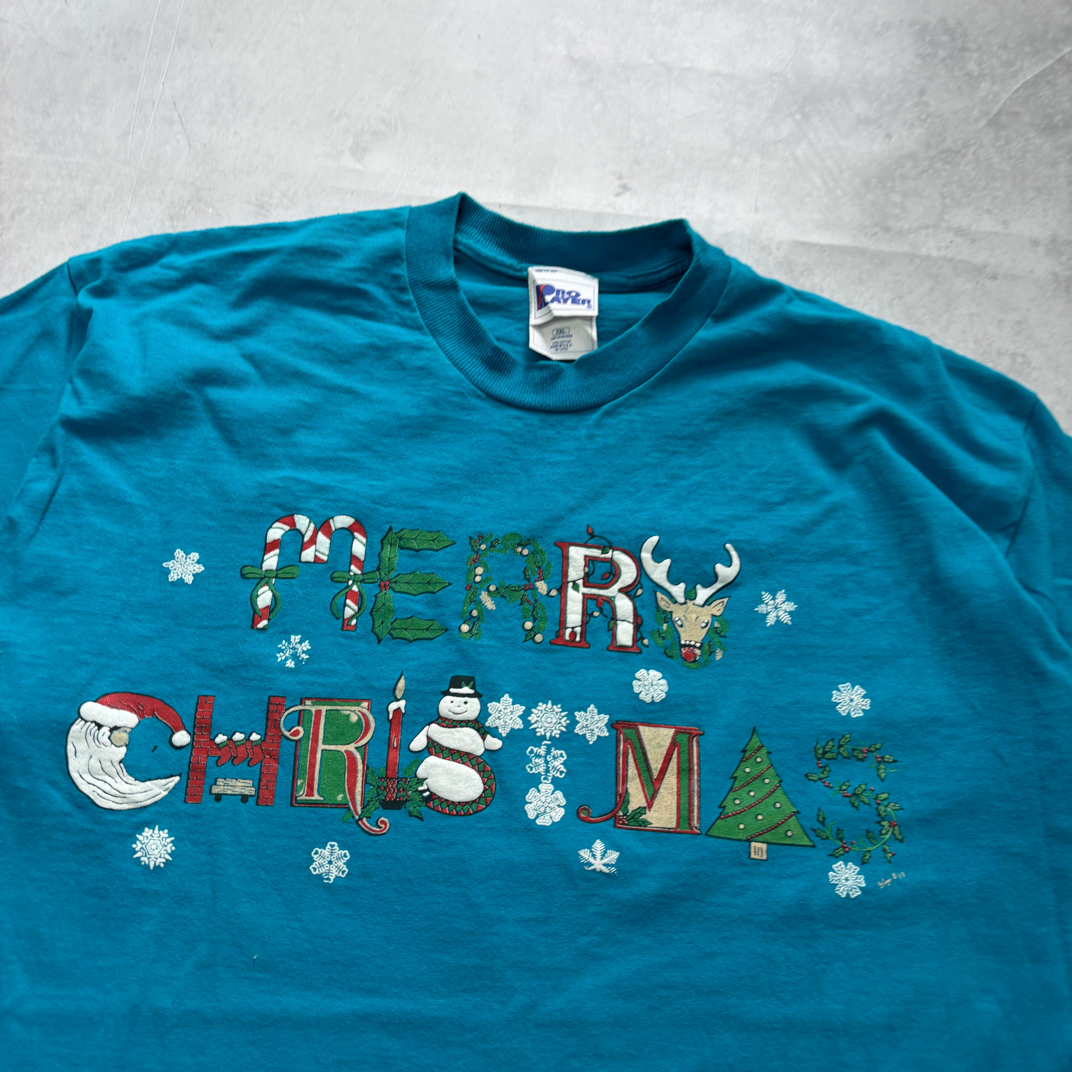Vintage T Shirt Mens XXL Blue Single Stitch Graphic Print 90s Xmas (E)