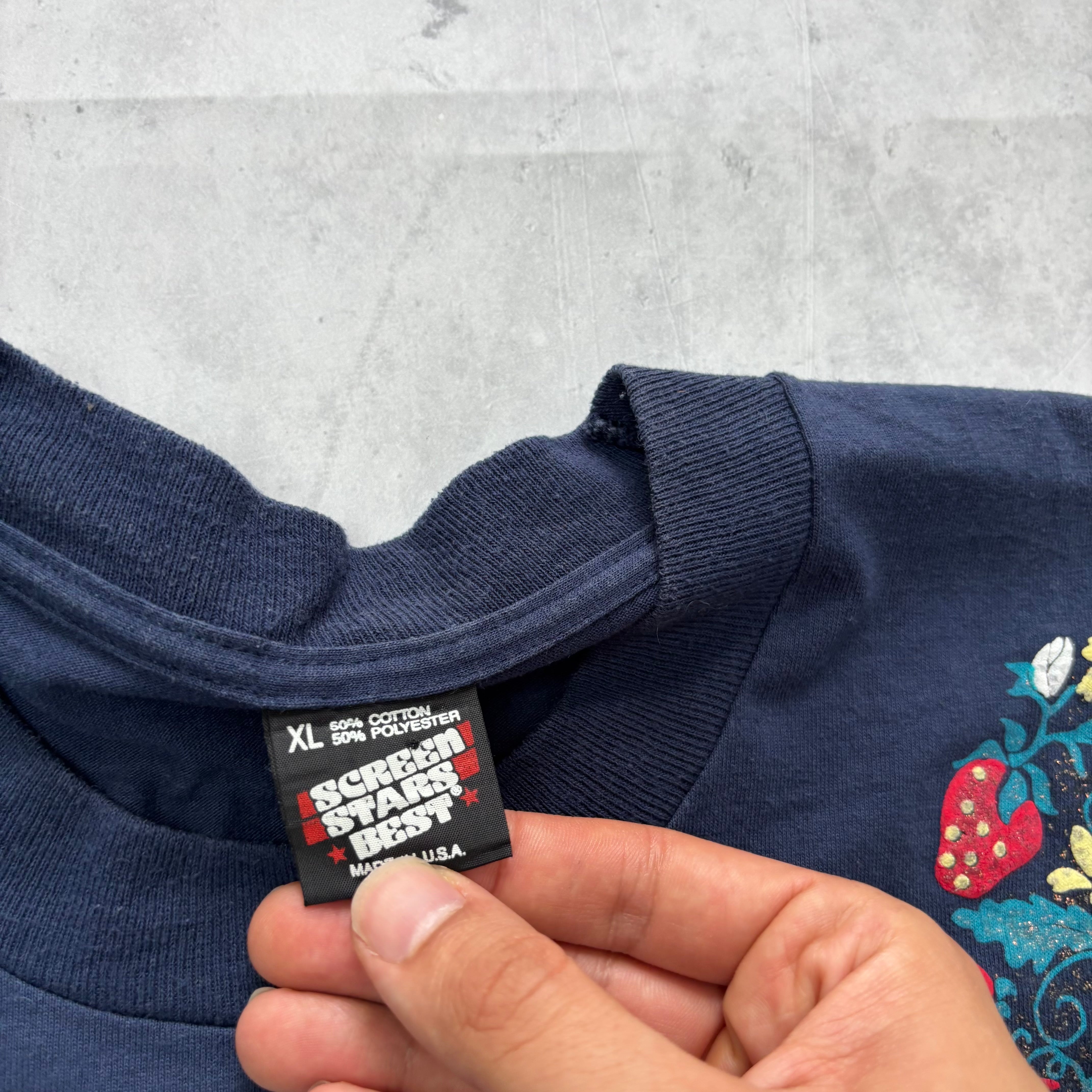 Vintage T Shirt Mens Large Navy Blue Single Stitch Graphic Print 90s USA (E)