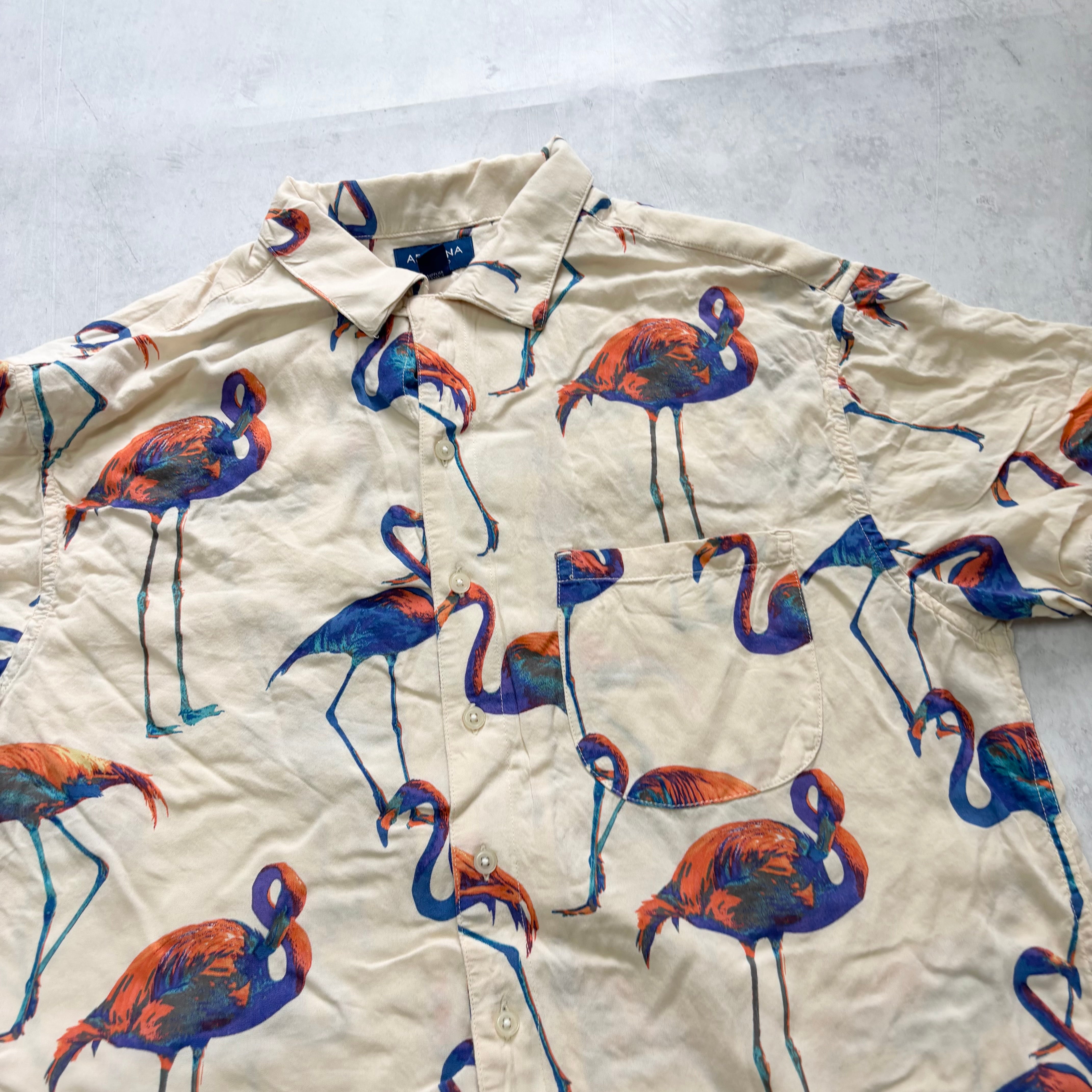 Arizona Jean Co. Shirt Mens Medium Cream Flamingos Short Sleeve Viscose (E)
