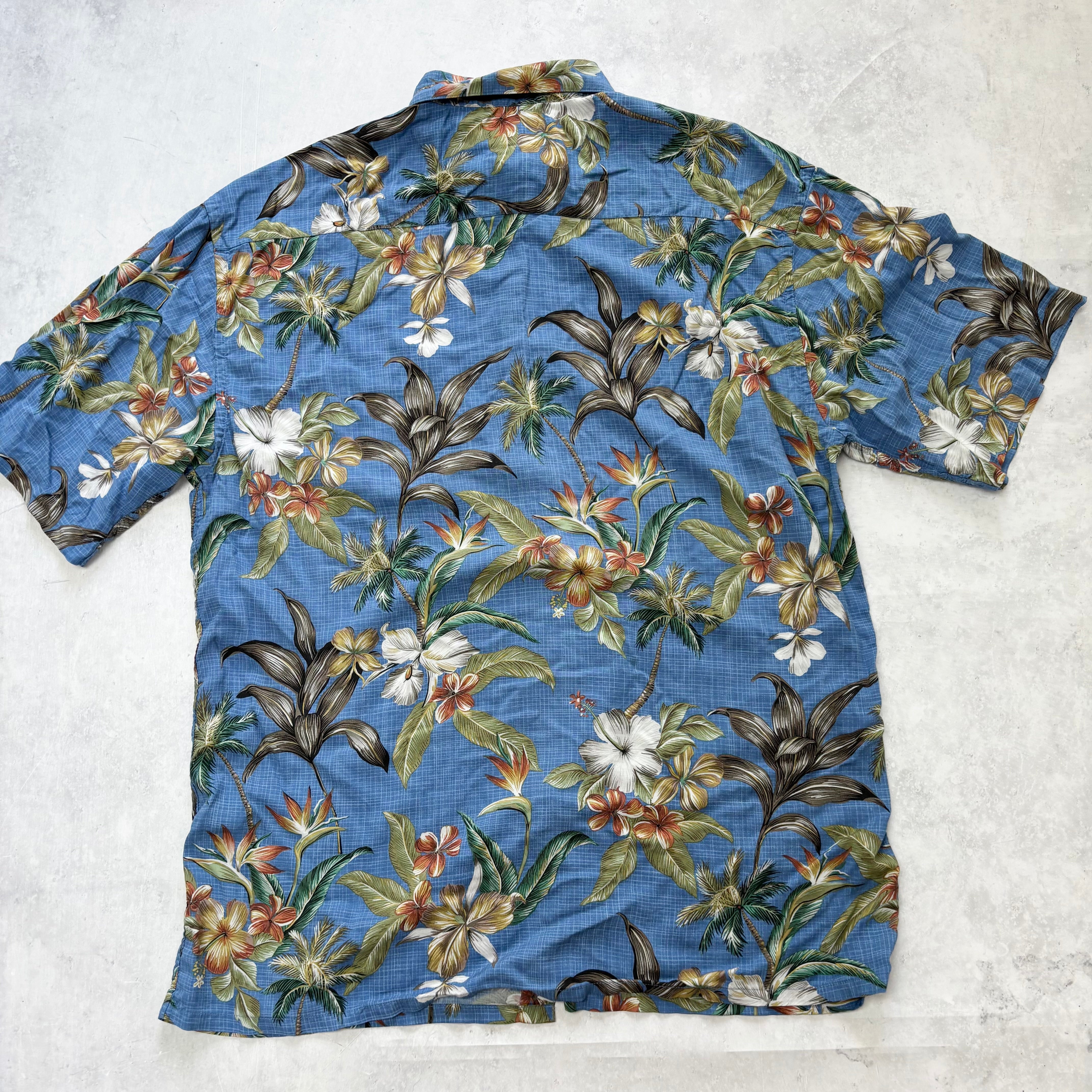 Vintage Hawaiian Shirt Mens Large Blue Floral Aloha Short Sleeve Rayon (E)