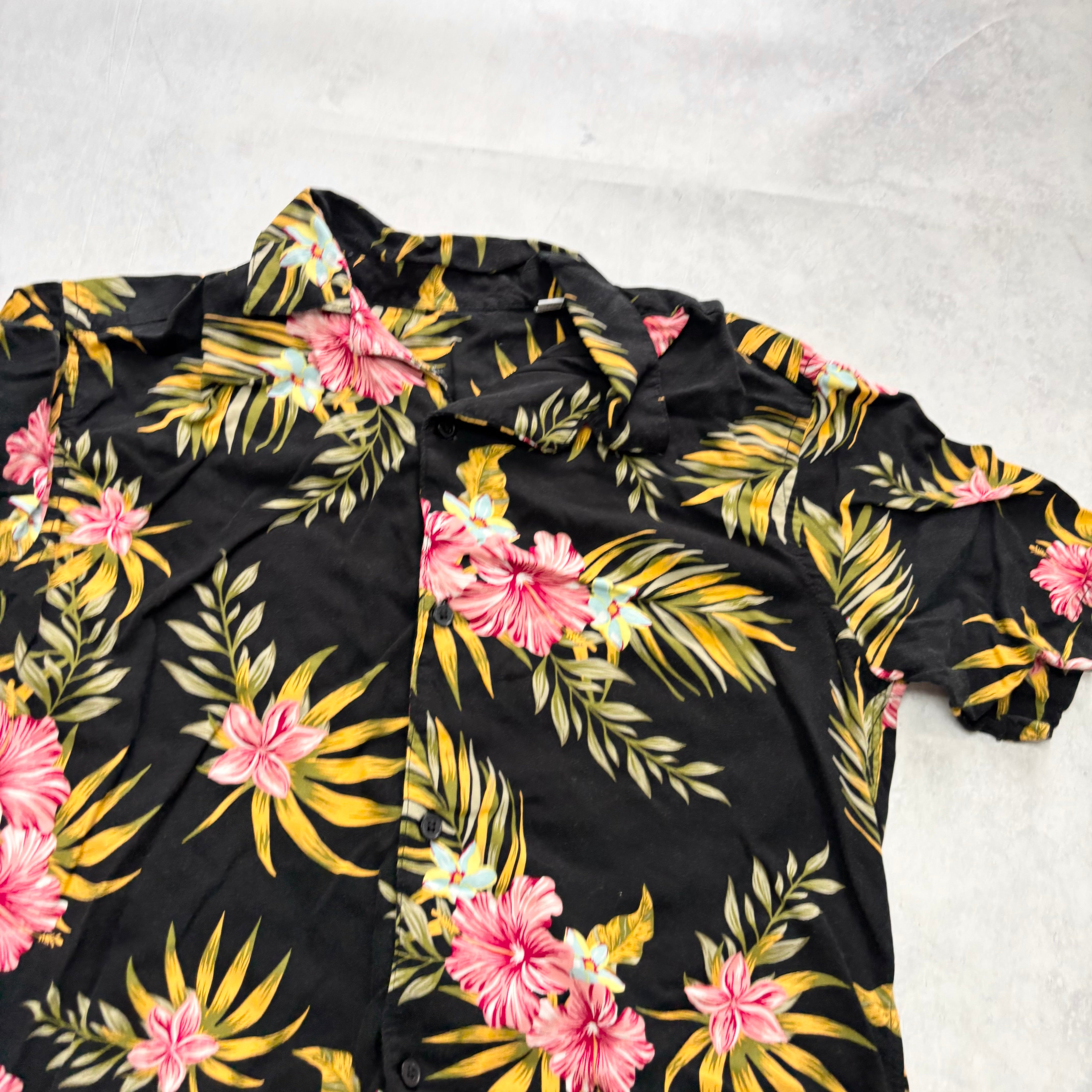 Hawaiian Shirt Mens Medium Black Floral Aloha Short Sleeve Viscose (E)