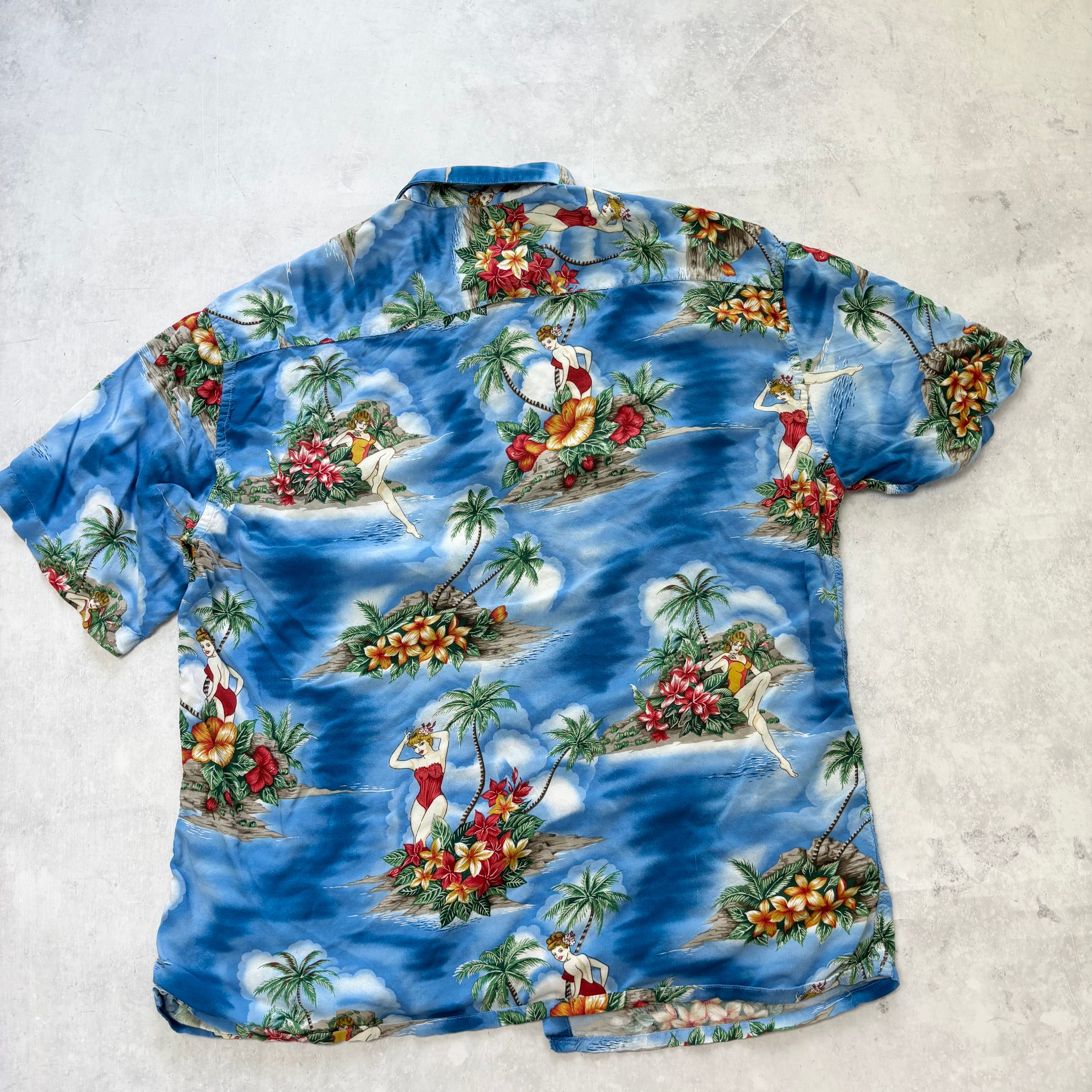 Vintage Hawaiian Shirt Mens XL Blue Floral Aloha Short Sleeve Rayon (E)