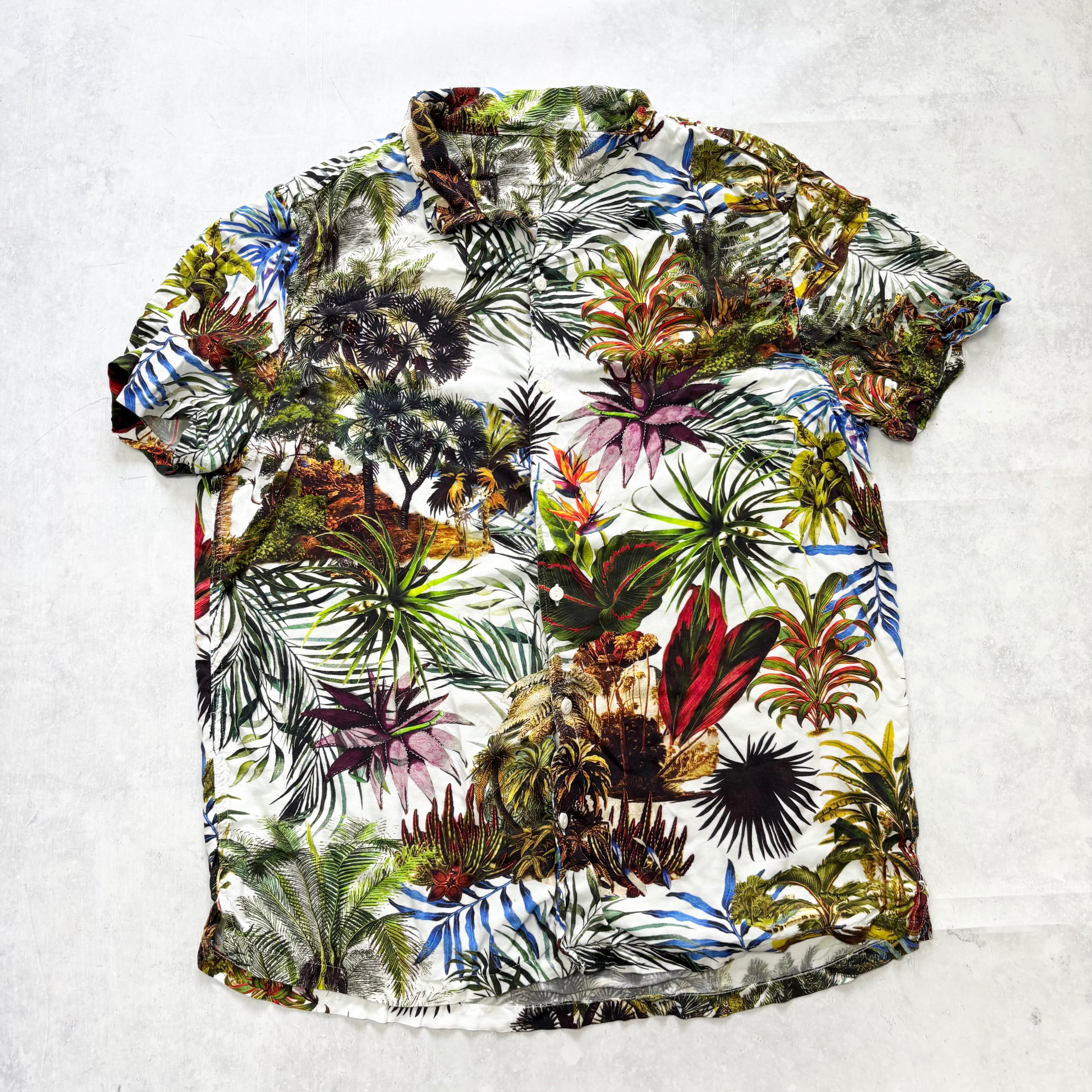Hawaiian Shirt Mens Large Multi Floral Aloha Short Sleeve Viscose Slim (E)