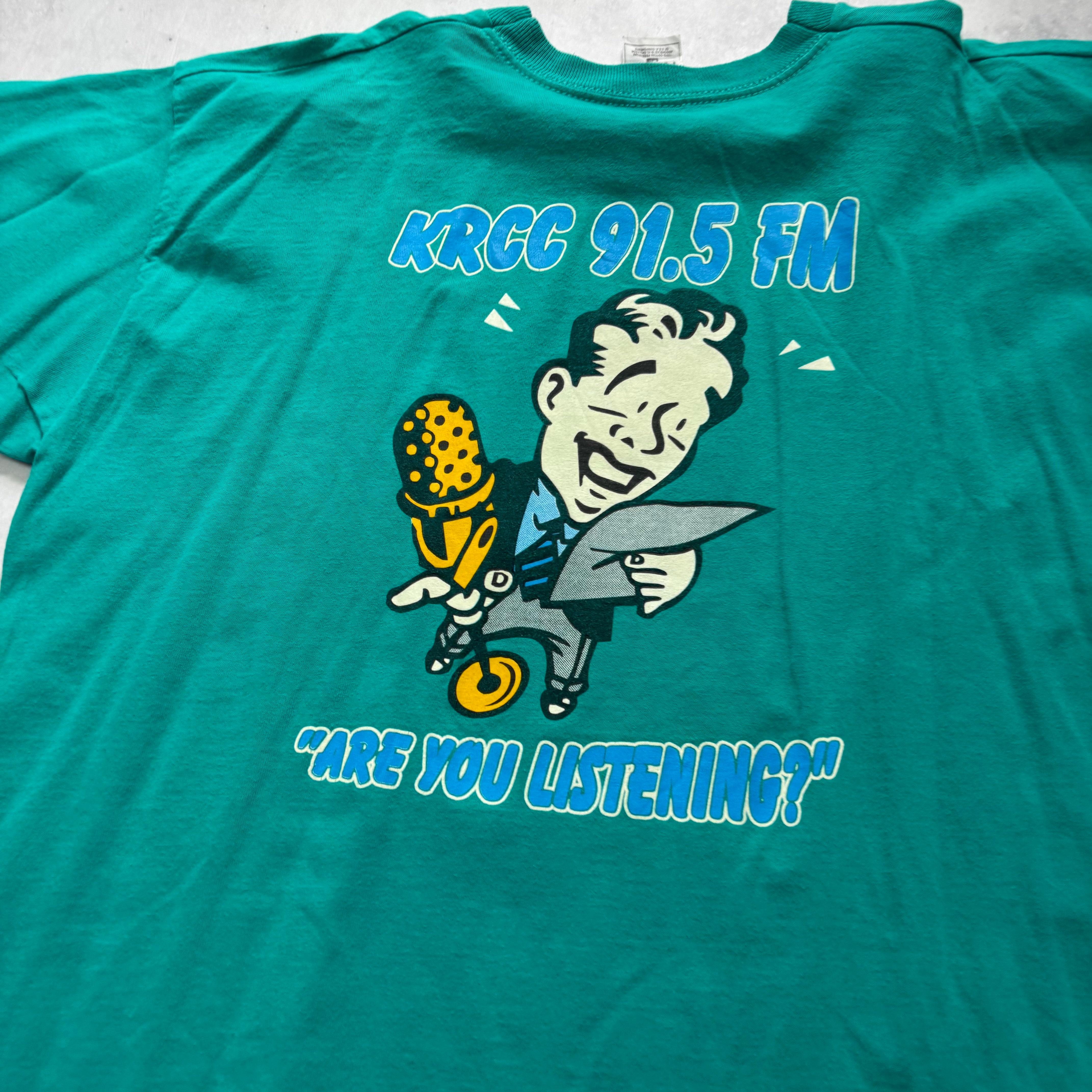 Vintage T Shirt Mens XL Teal Green Graphic Print 90s USA Radio (E)