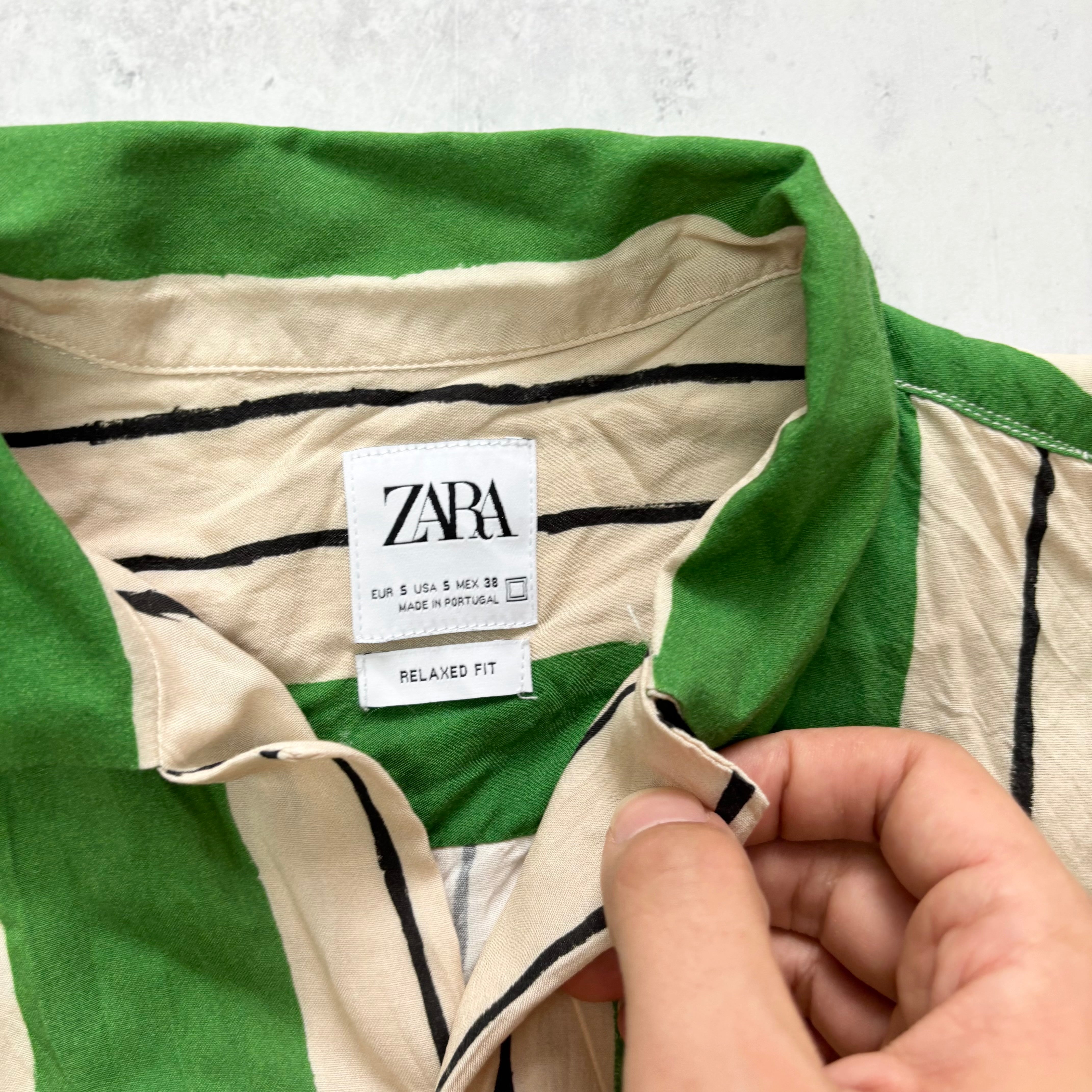 Zara Striped Shirt Mens Small Green Short Sleeve Viscose (E)