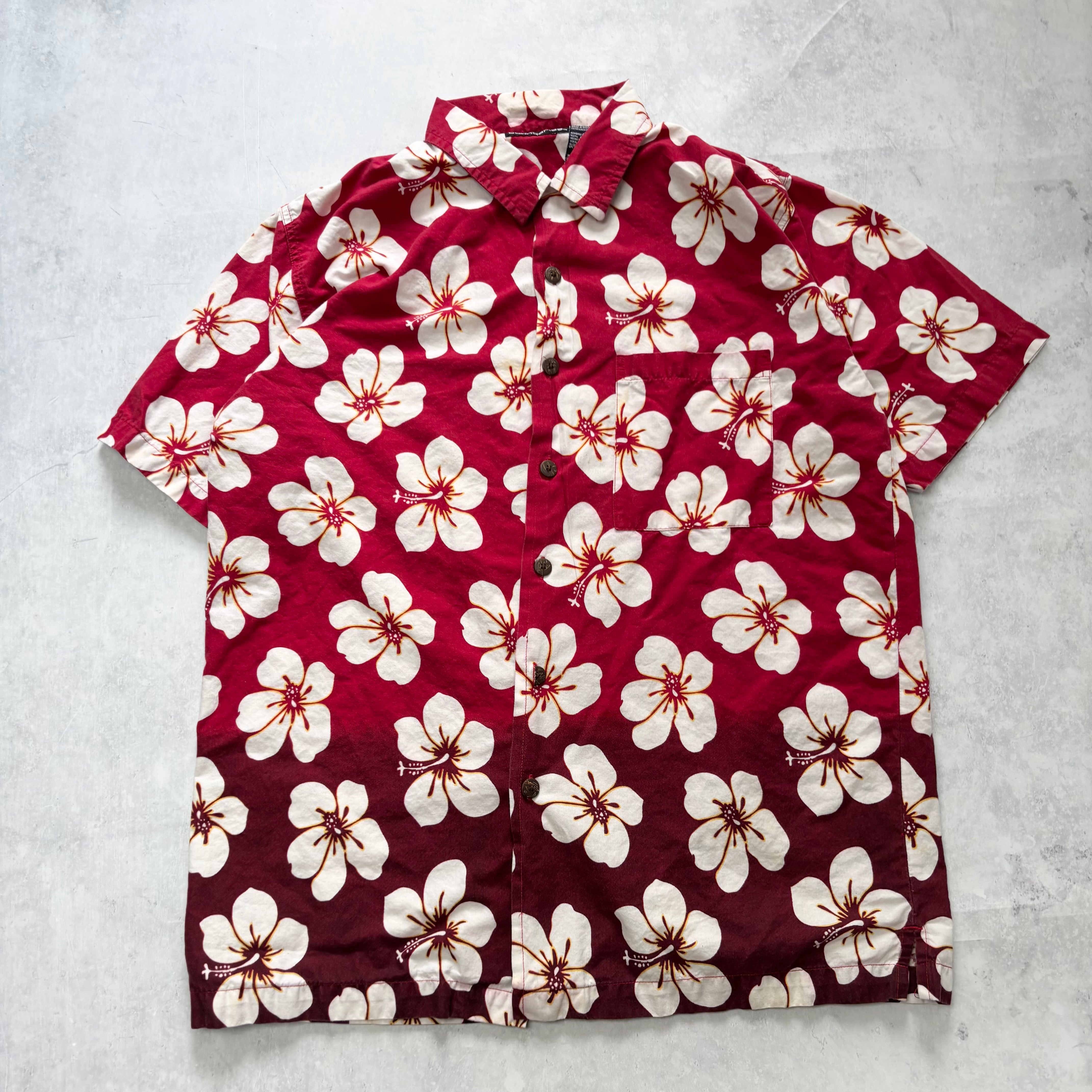 Vintage Hawaiian Shirt Mens Large Red Floral Aloha Short Sleeve Cotton (E)