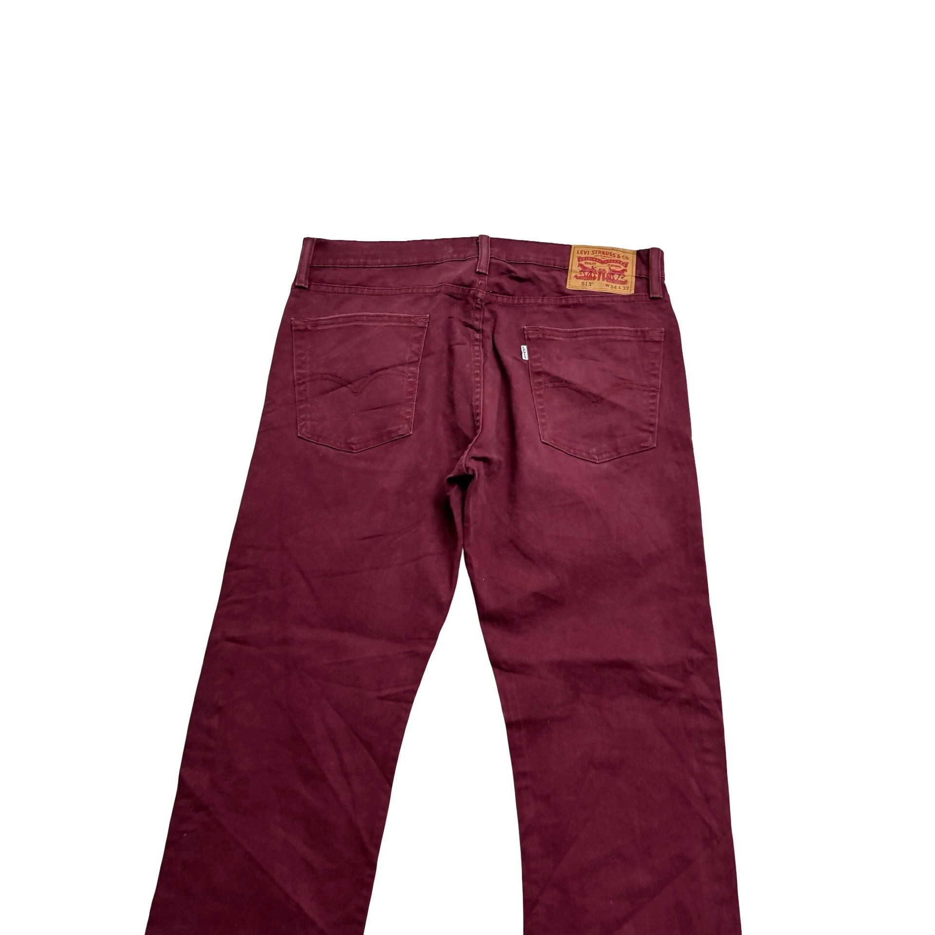 Levis 513 Jeans W34 L32 Mens Burgundy Slim Straight Fit Stretch Denim (E)