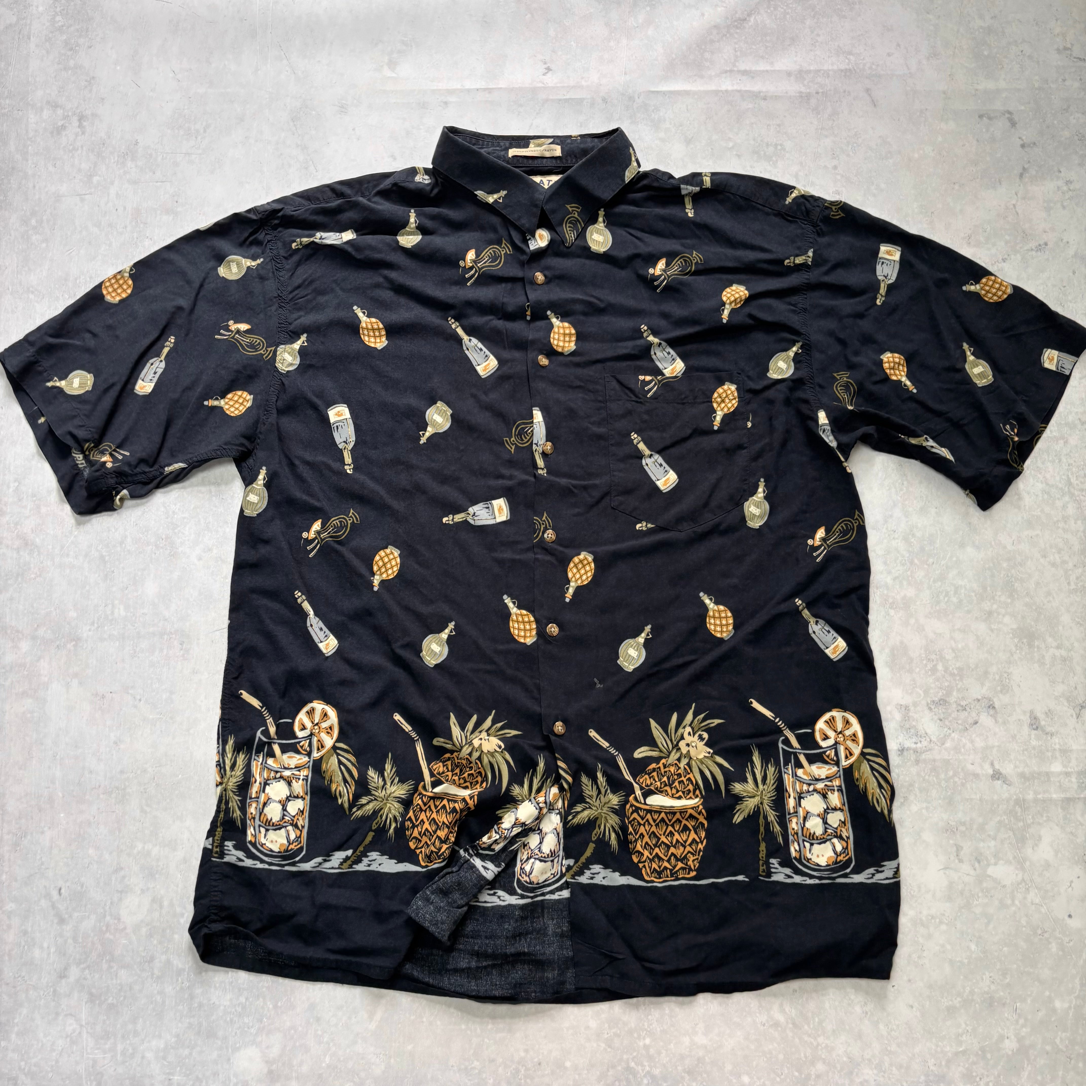 Hawaiian Shirt Mens XL Navy Blue Floral Aloha Short Sleeve Rayon (E)