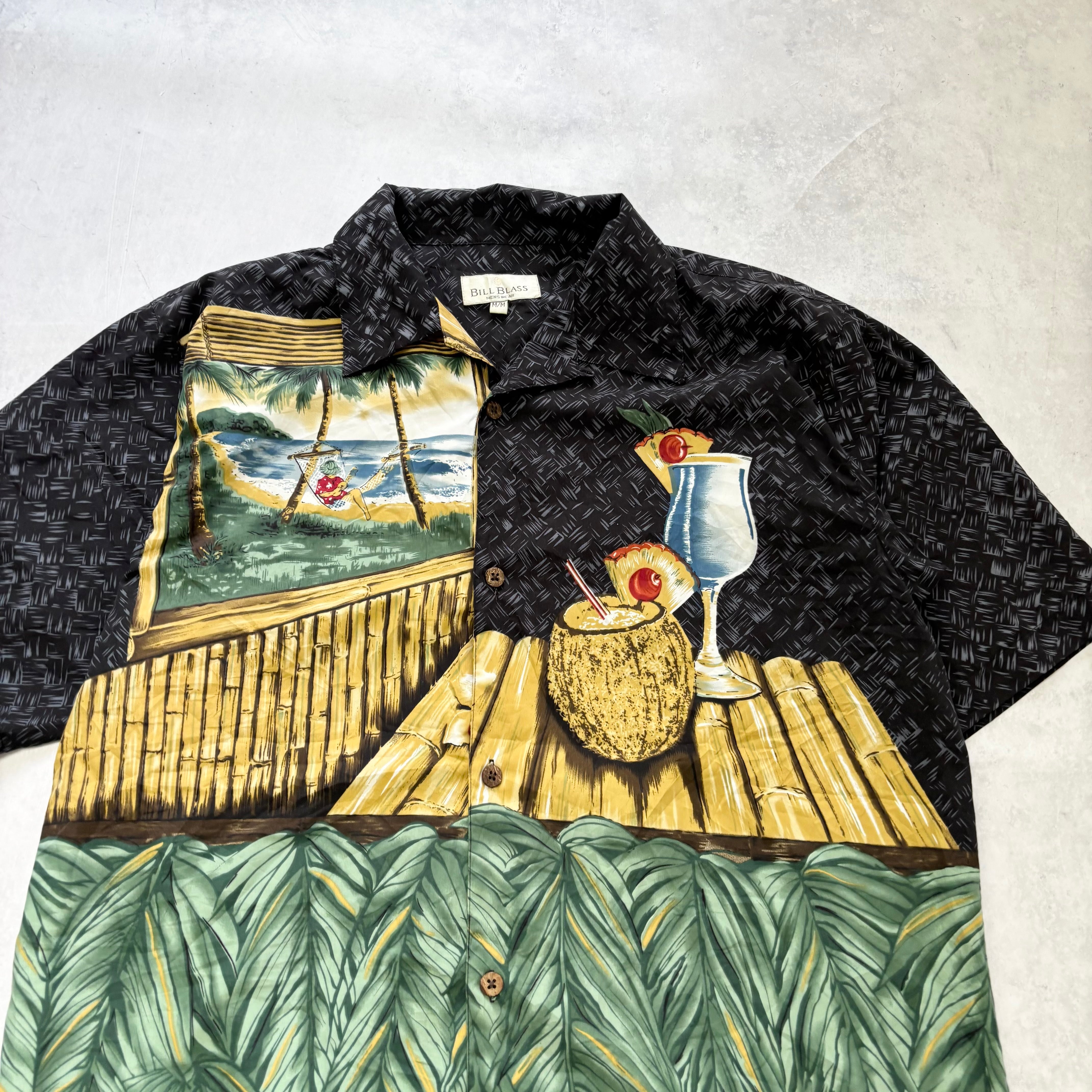 Vintage Hawaiian Shirt Mens Medium Black Floral Aloha Short Sleeve Polyester (E)