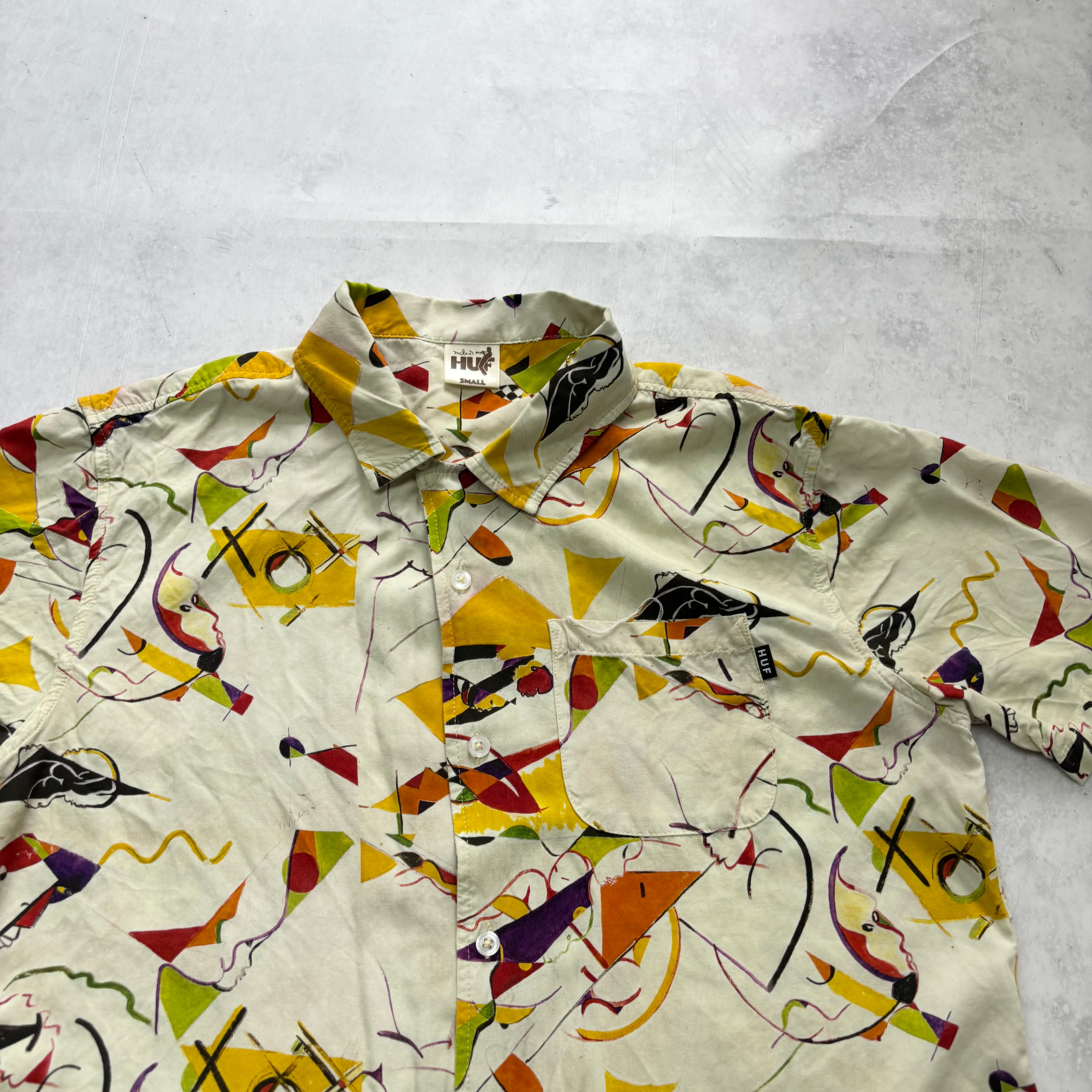 Huf Shirt Mens Small Multicoloured Abstract Art Short Sleeve Rayon (E)