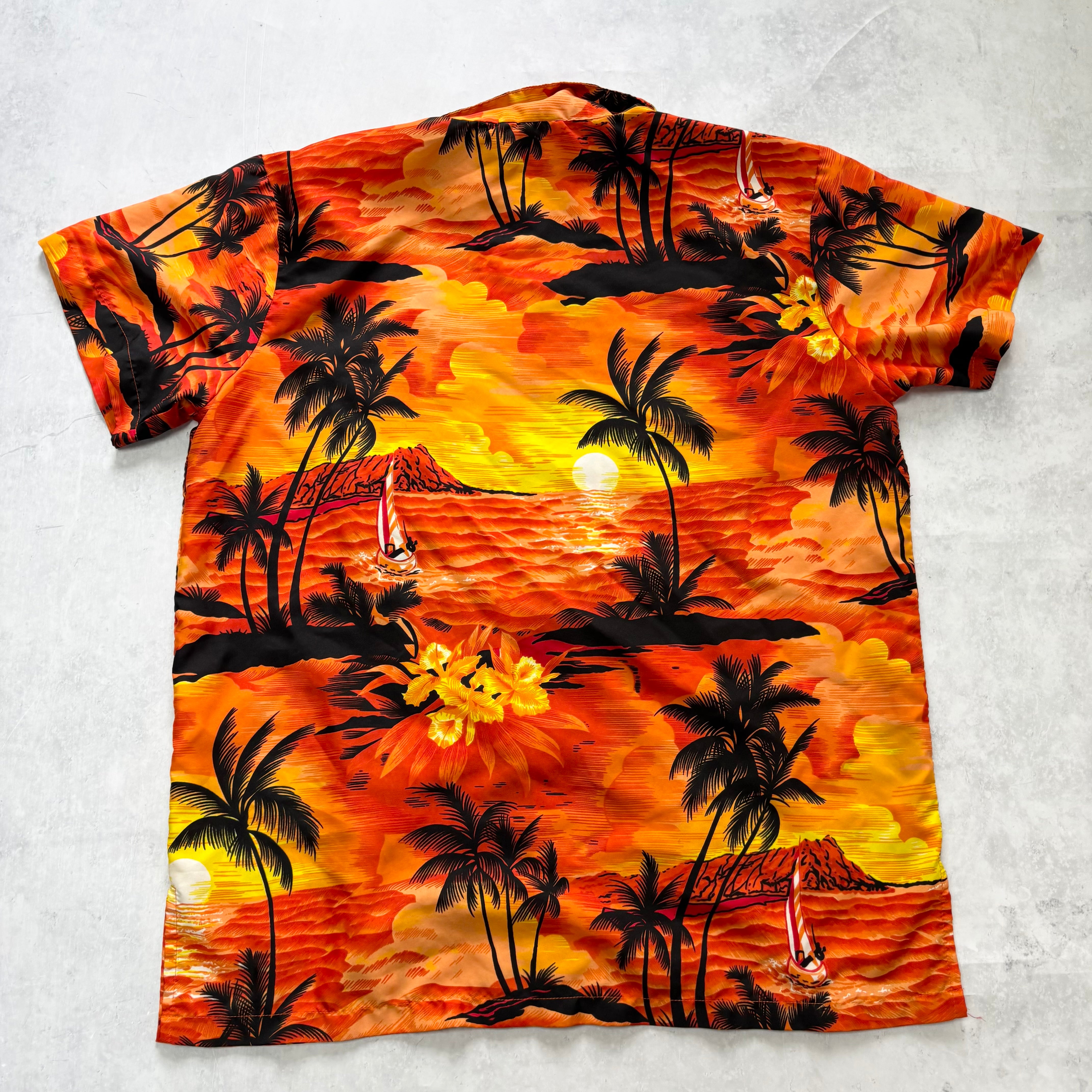 Hawaiian Shirt Mens Large Orange Floral Aloha Short Sleeve Polyester (E)
