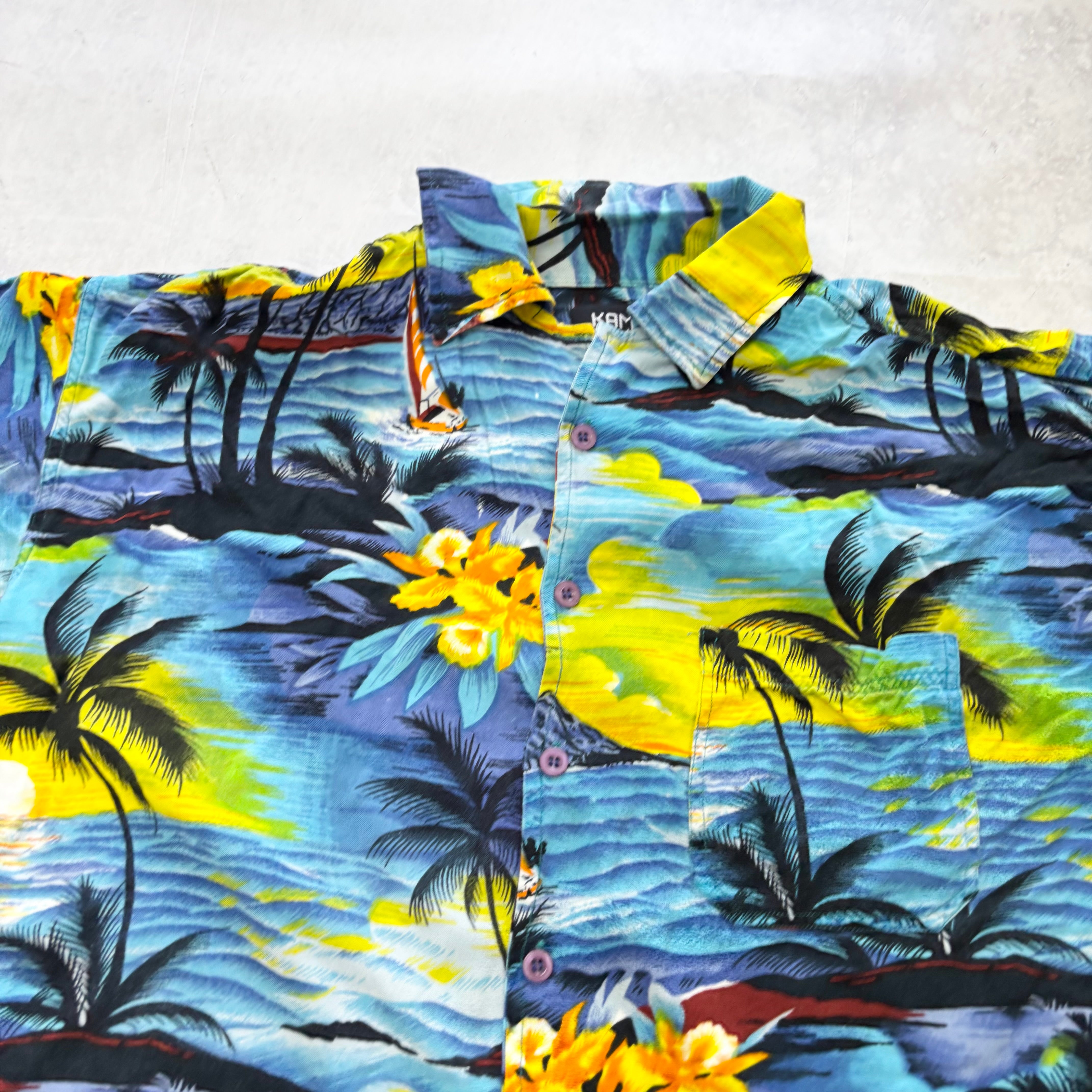Vintage Hawaiian Shirt Mens Large Blue Floral Aloha Short Sleeve Viscose (E)