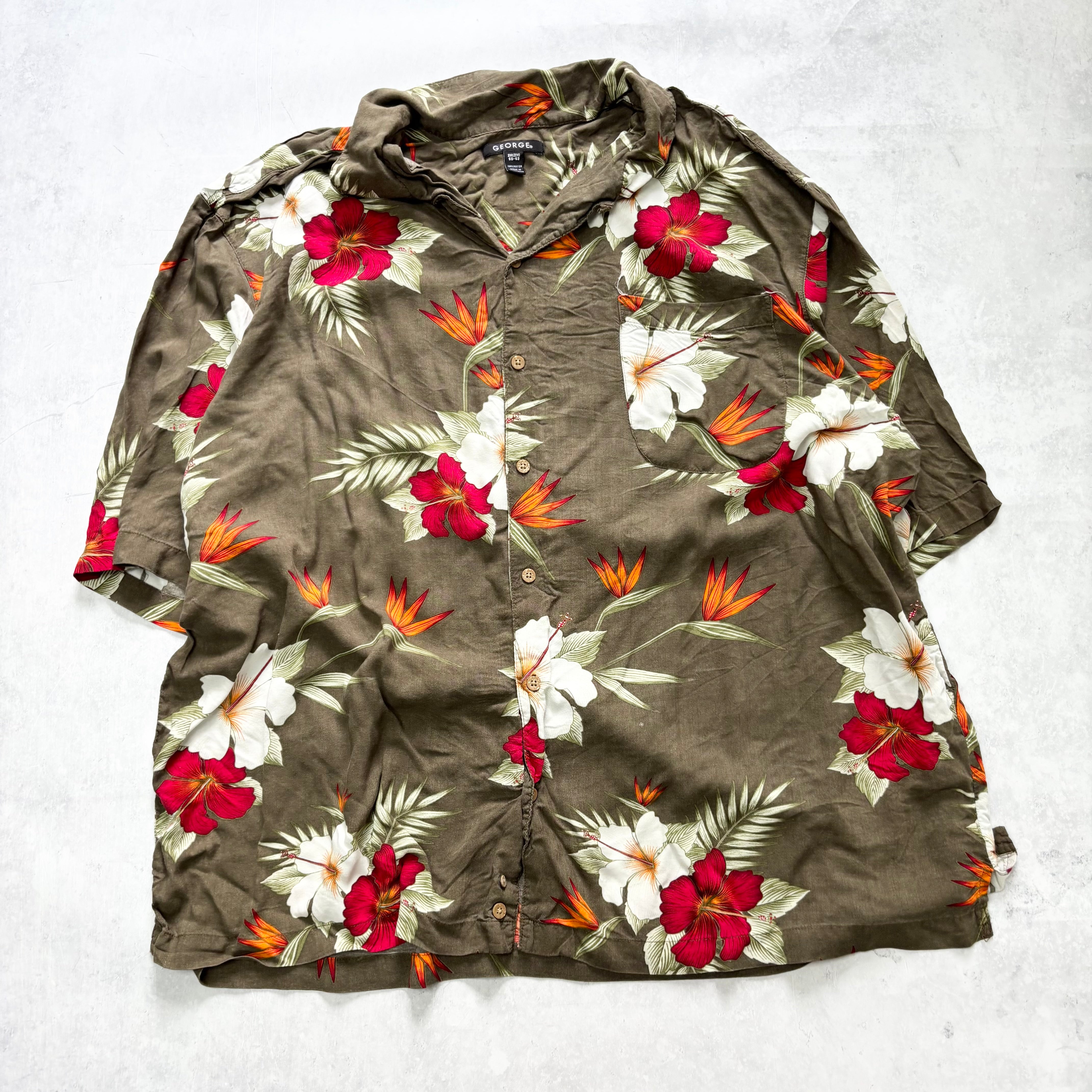 George Hawaiian Shirt Mens XXL Brown Floral Aloha Short Sleeve Rayon (E)