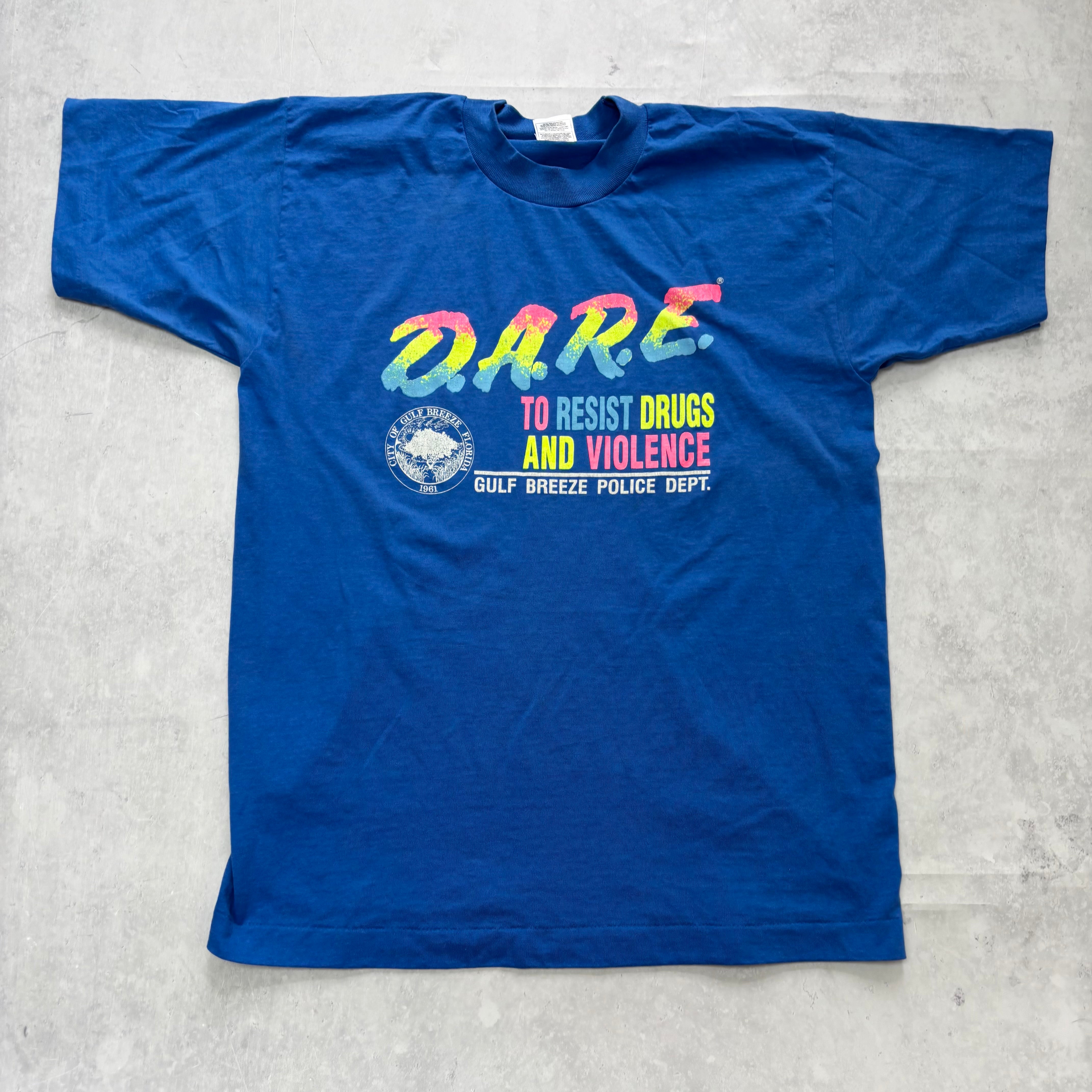 Vintage T Shirt Mens Medium Blue Single Stitch Graphic Print 90s DARE (E)