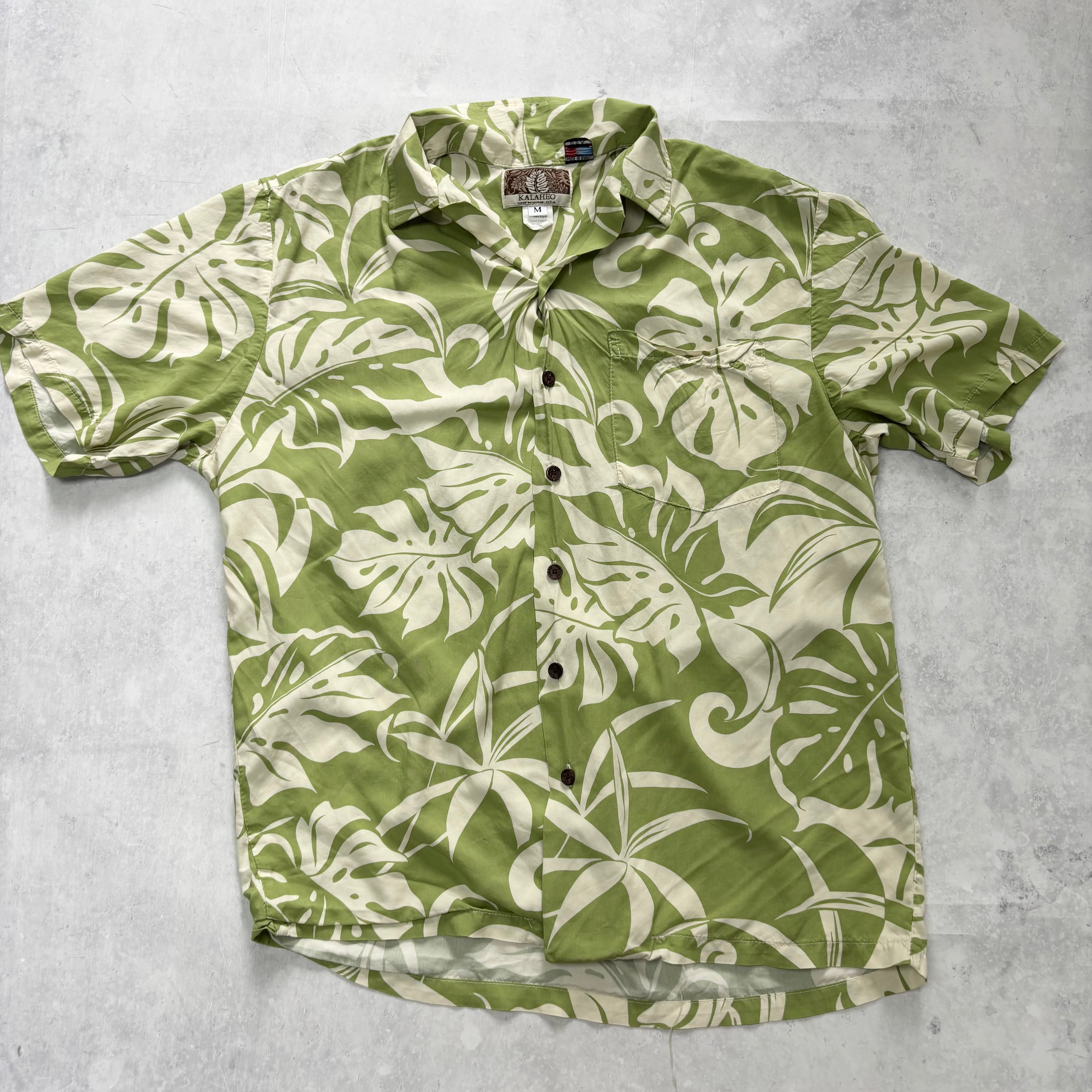 Vintage Hawaiian Shirt Mens Medium Green Floral Aloha Short Sleeve Rayon (E)