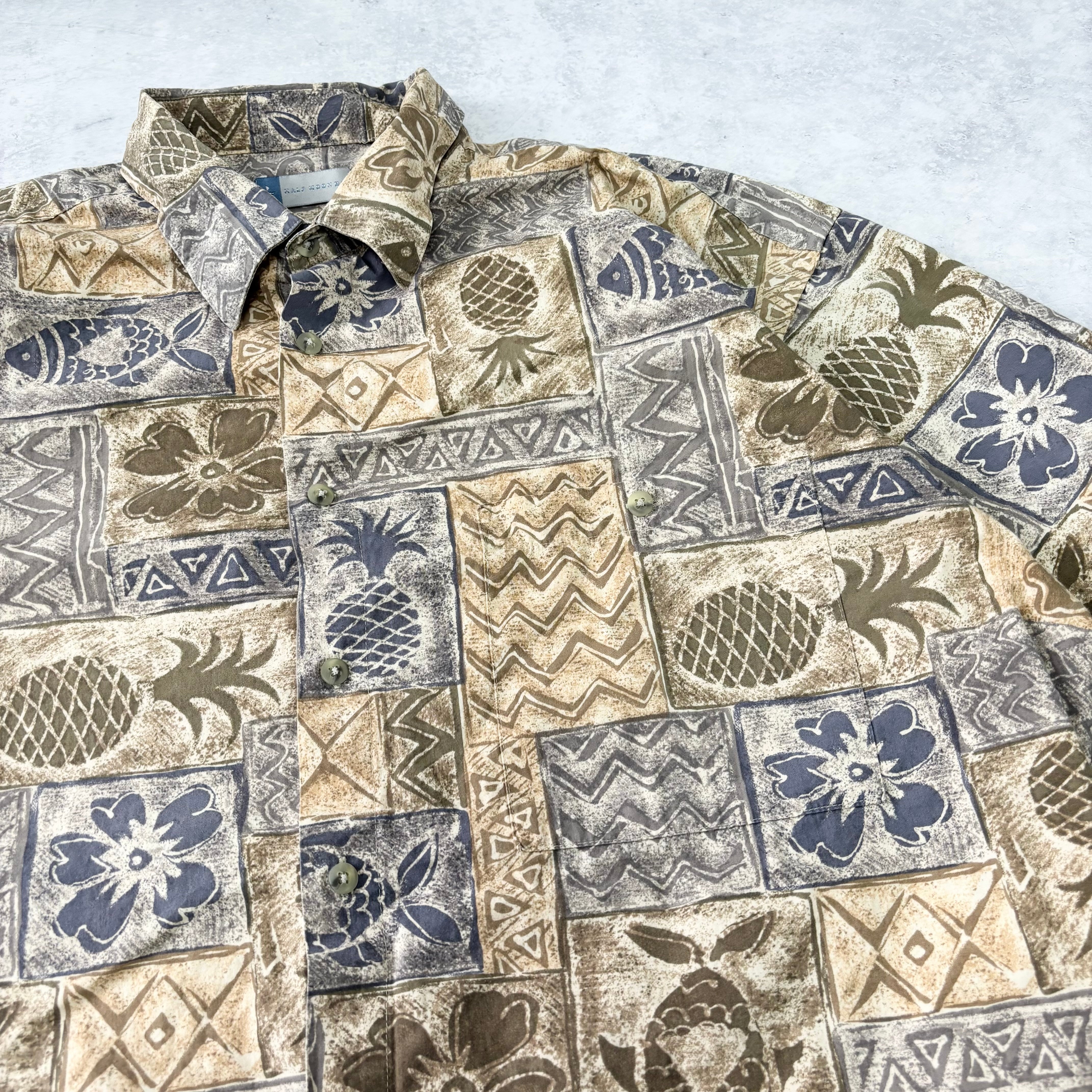 Vintage Hawaiian Shirt Mens XL Beige Floral Aloha Short Sleeve