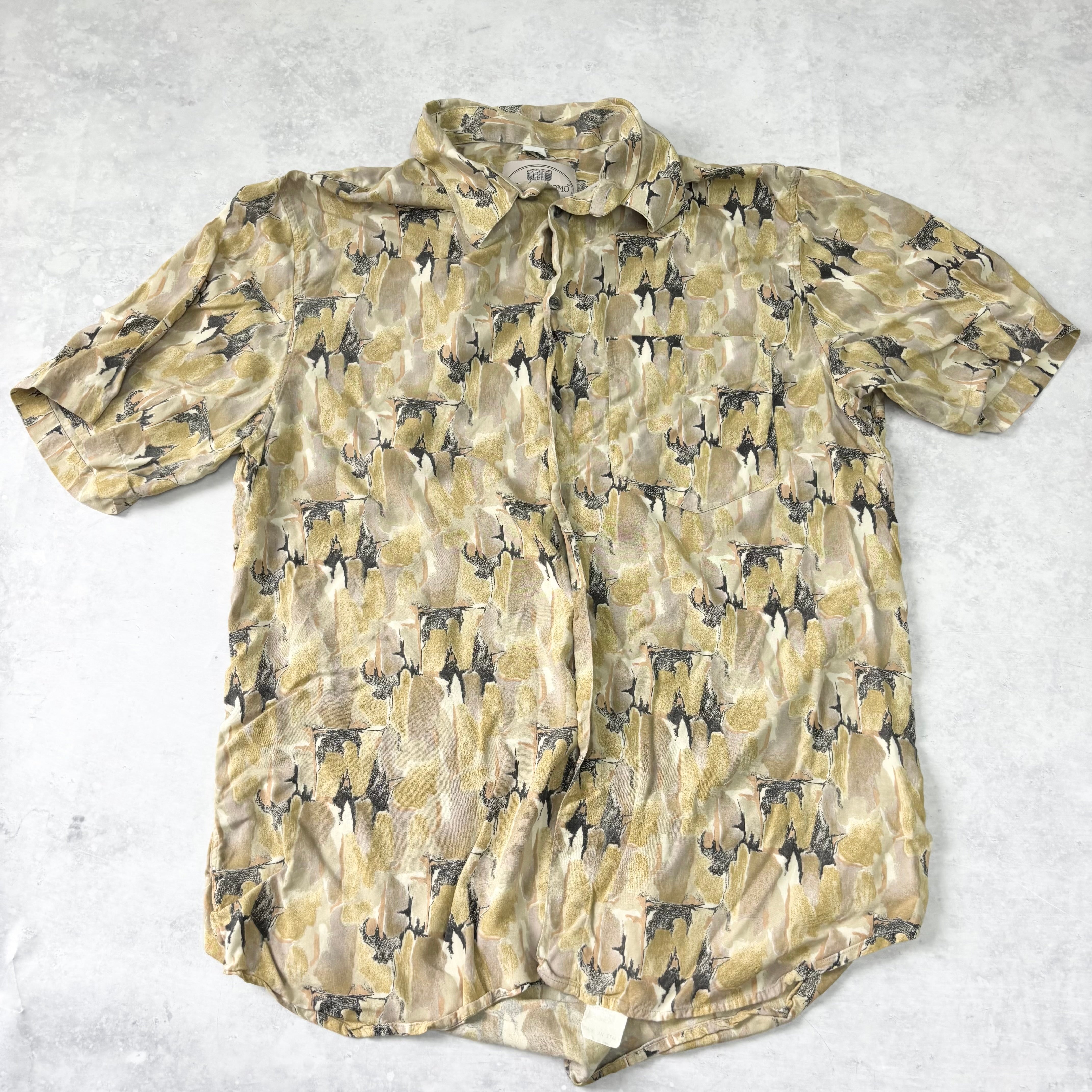 Vintage Funky Shirt Mens Large Yellow Abstract Pattern Short Sleeve Rayon