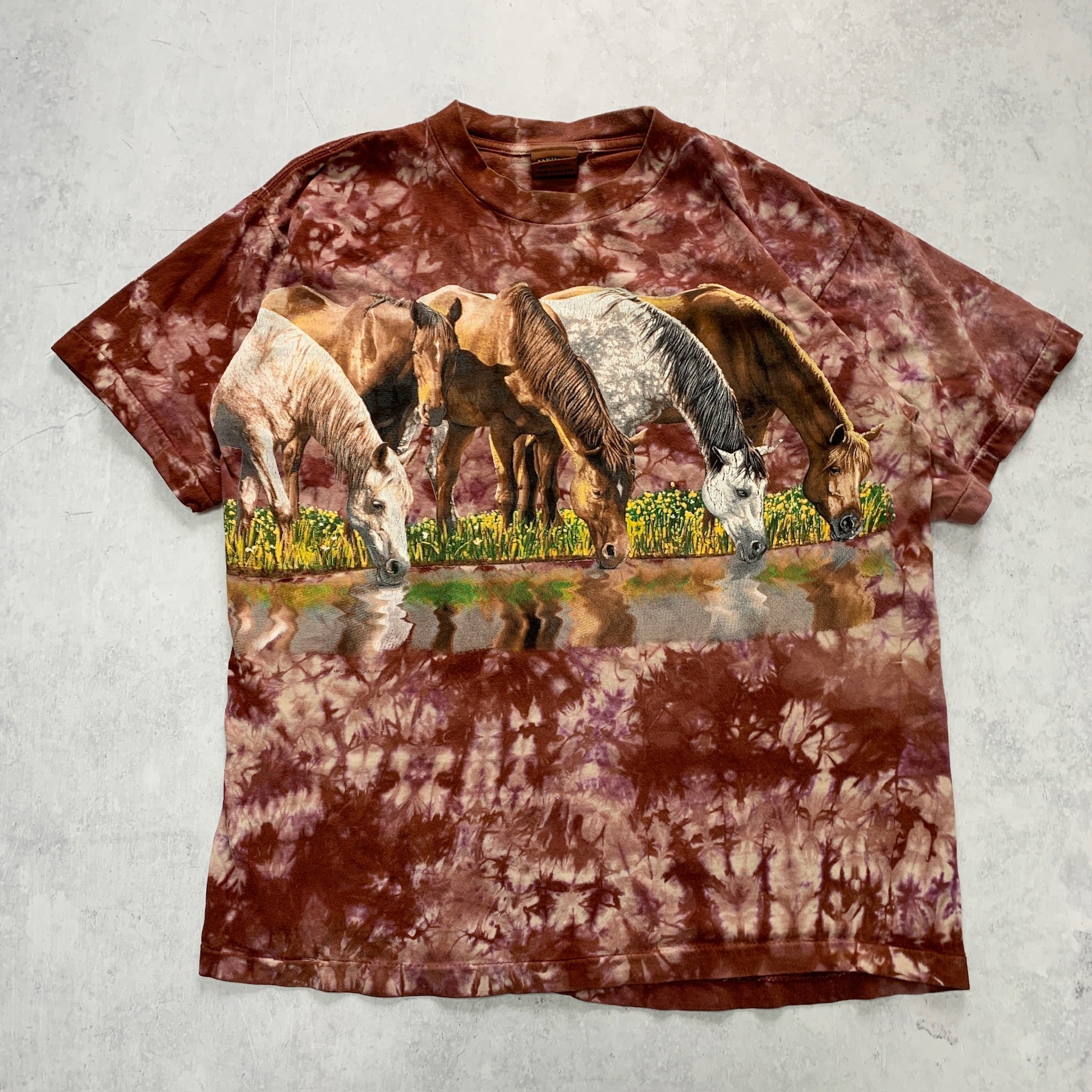 Vintage T Shirt Mens Large Brown Single Stitch Graphic Print 90s Horses Tie Die