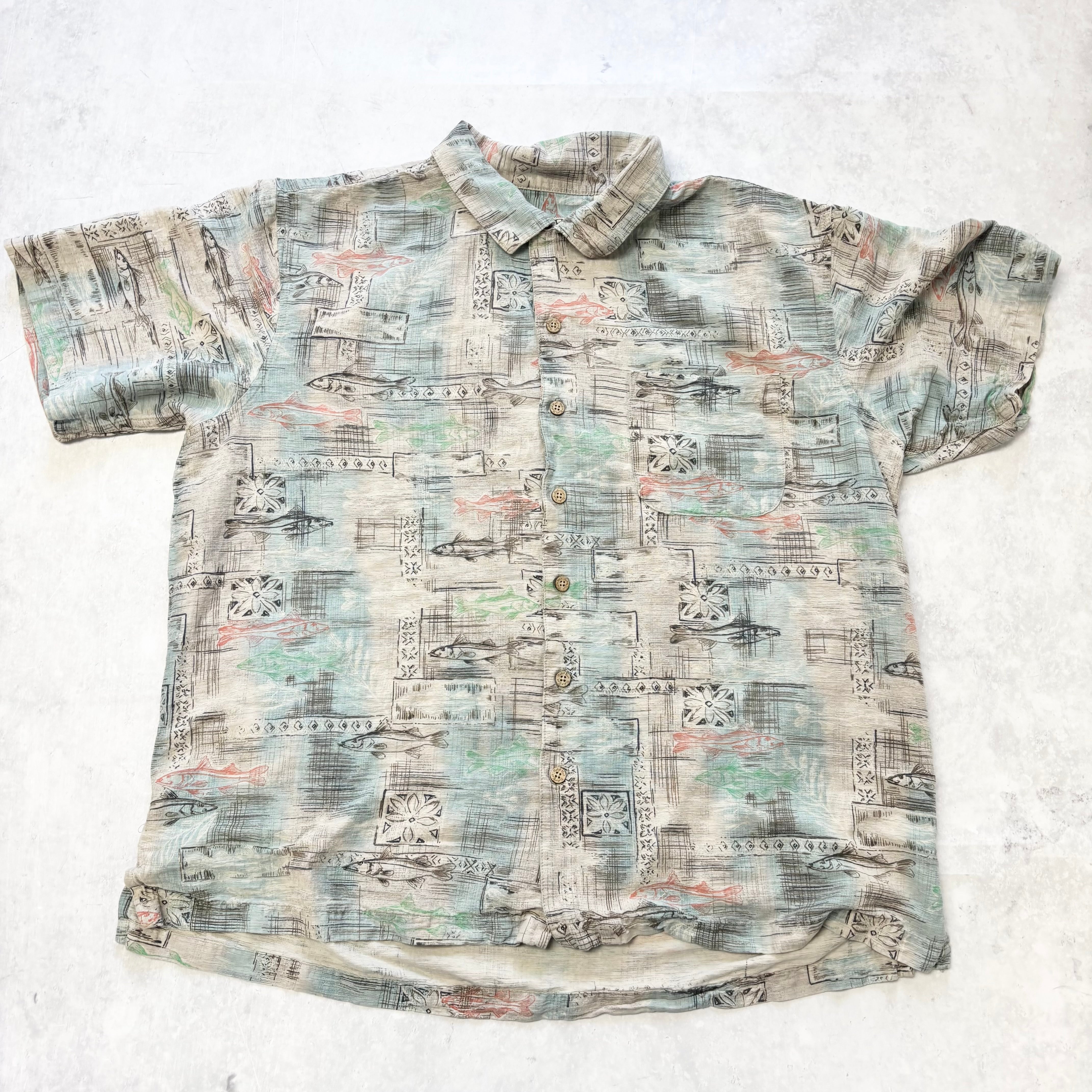 Vintage Hawaiian Shirt Mens Large Grey Silk Floral Aloha Short Sleeve (E)