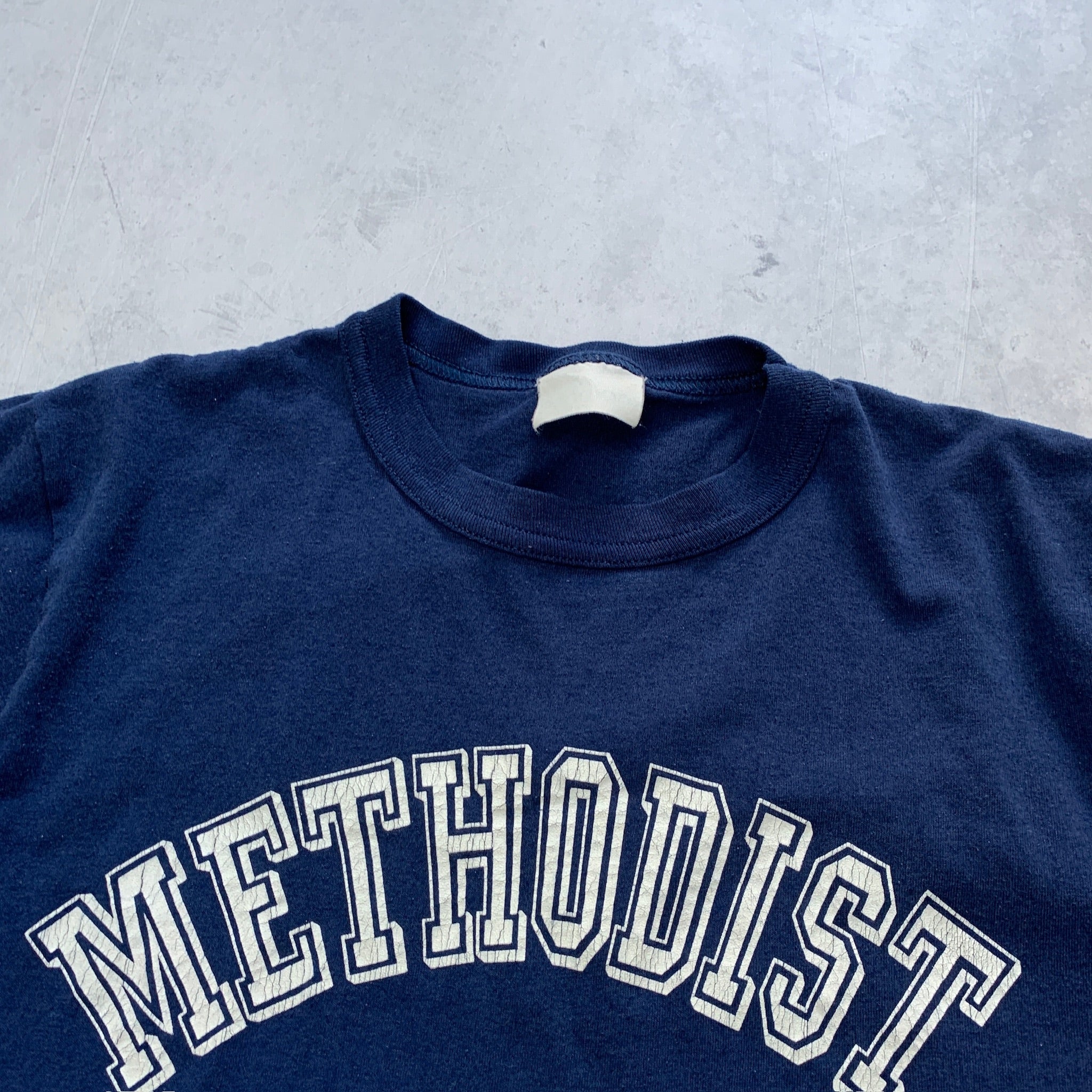 Vintage T Shirt Mens Small Navy Blue Single Stitch Graphic Print 80s Methodist