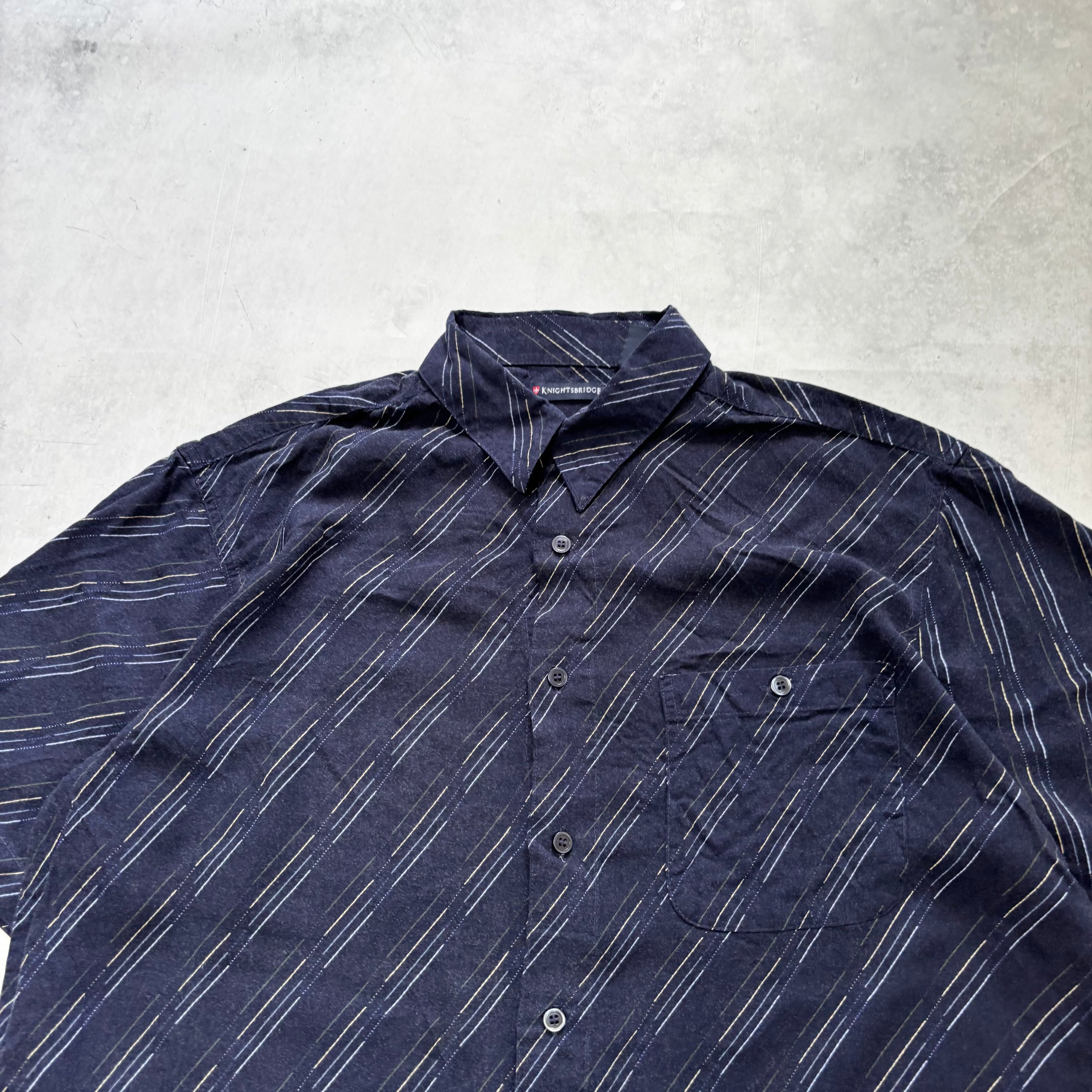 Vintage Shirt Mens Large Navy Blue Striped Short Sleeve Rayon
