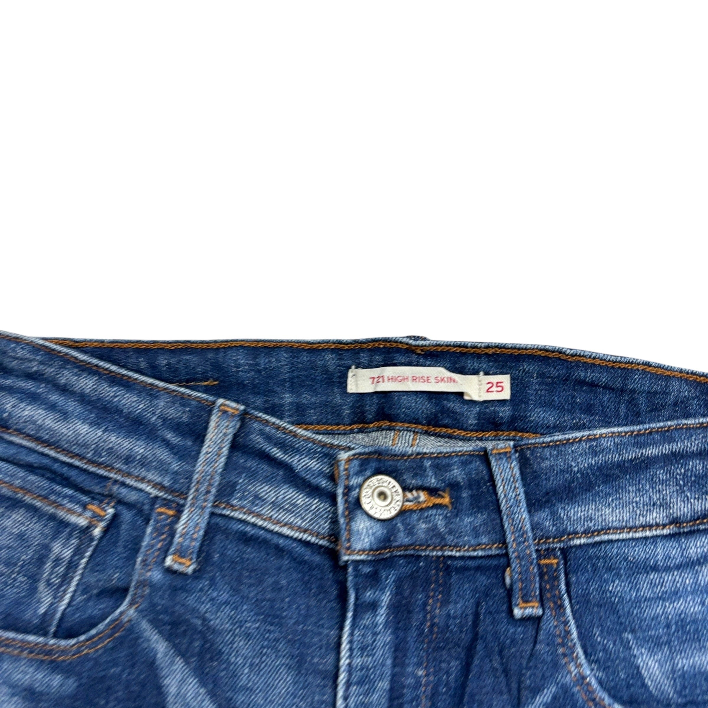 Levis 721 Jeans W25 L32 Womens High Rise Skinny Dark Blue Stretch Denim (E)