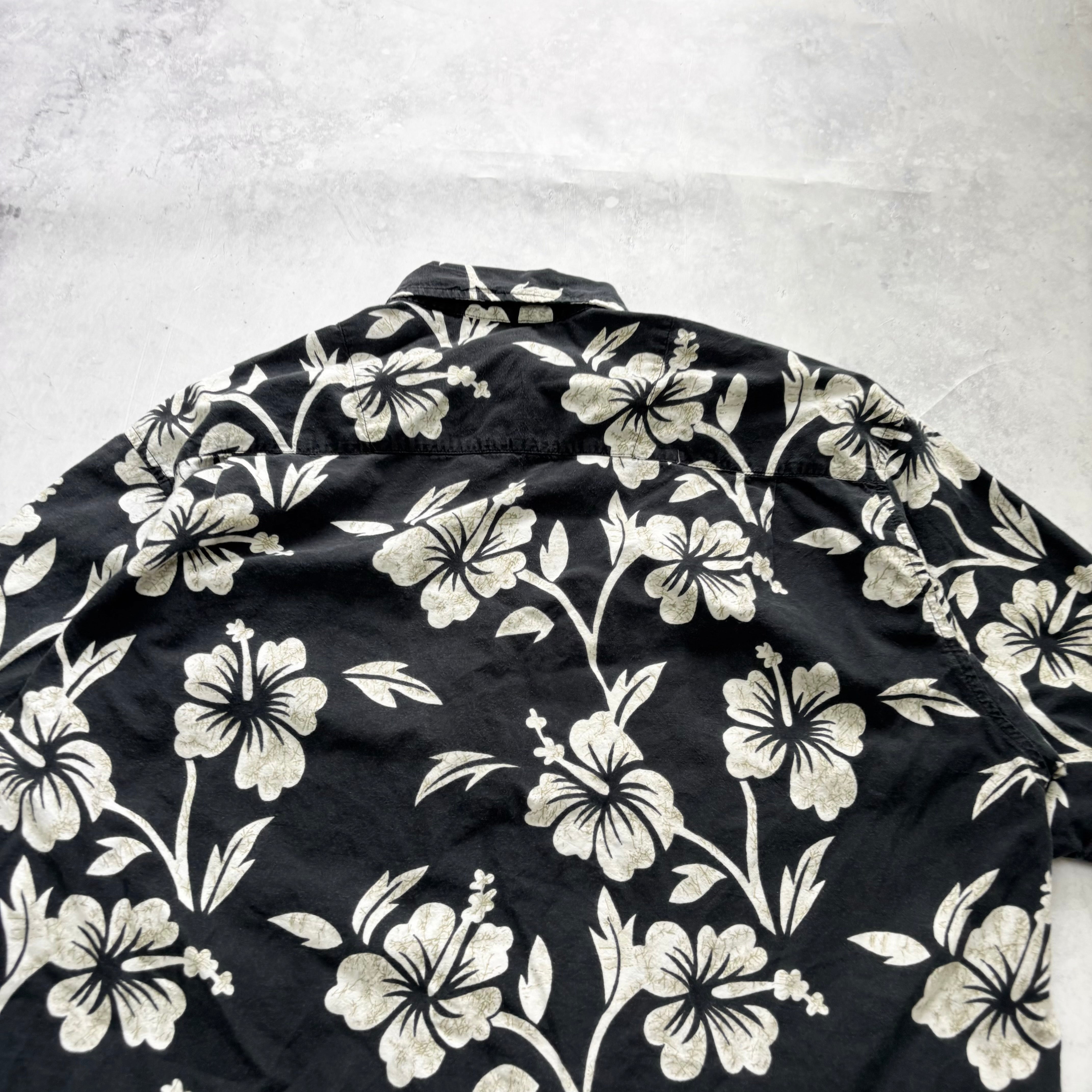 Vintage Hawaiian Shirt Mens XL Navy Floral Aloha Short Sleeve Cotton Flowers