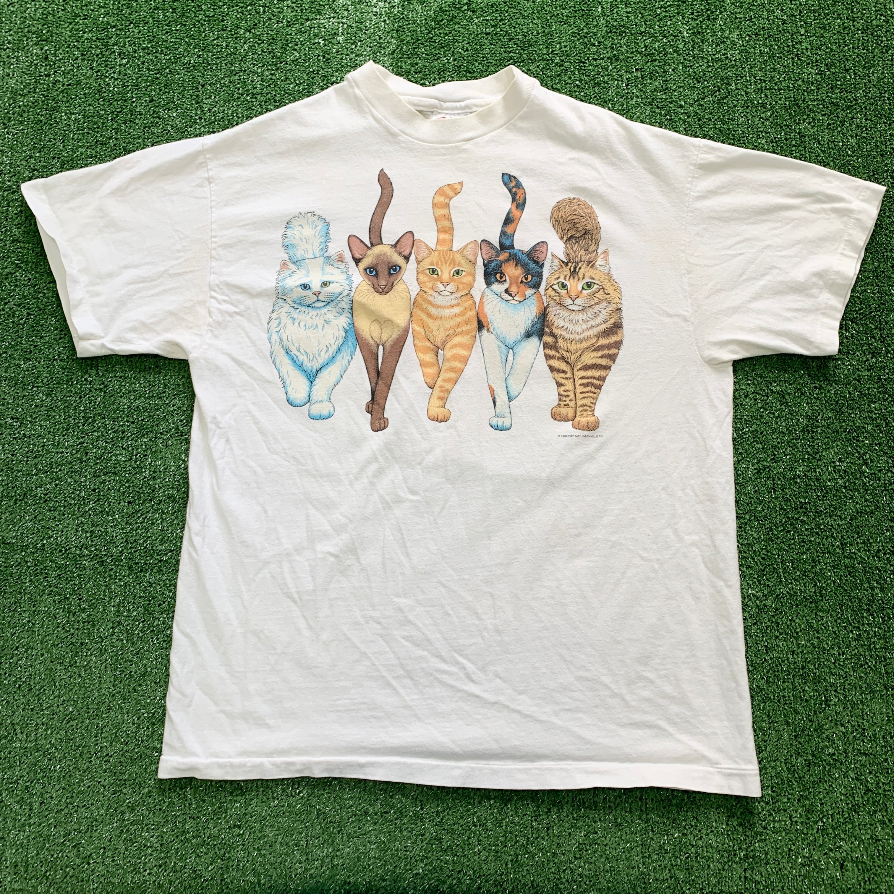 Vintage T Shirt Mens Medium White Single Stitch Graphic Print 90s USA Cats