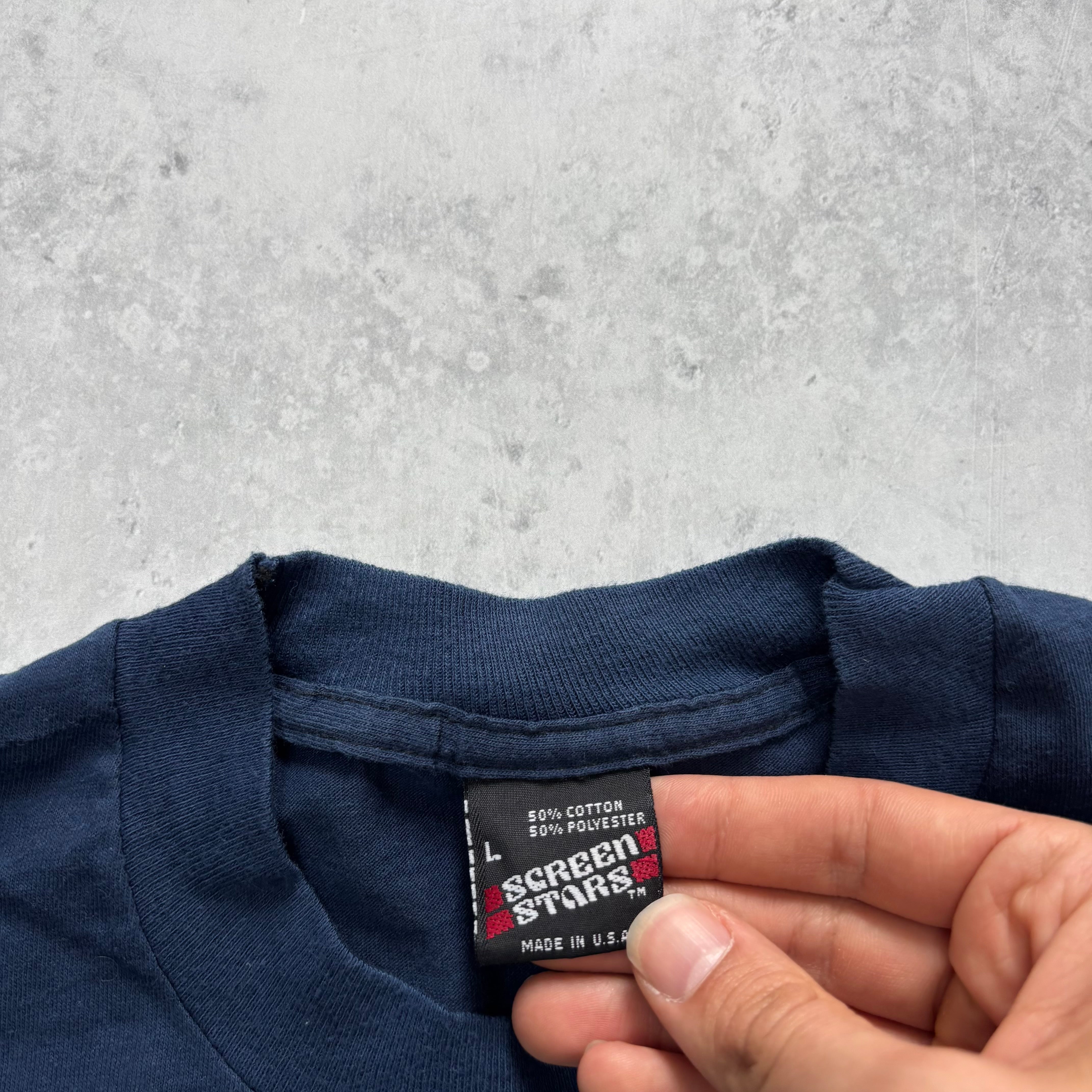 Vintage T Shirt Womens Large Navy Blue Single Stitch Graphic Print 90s USA (E)