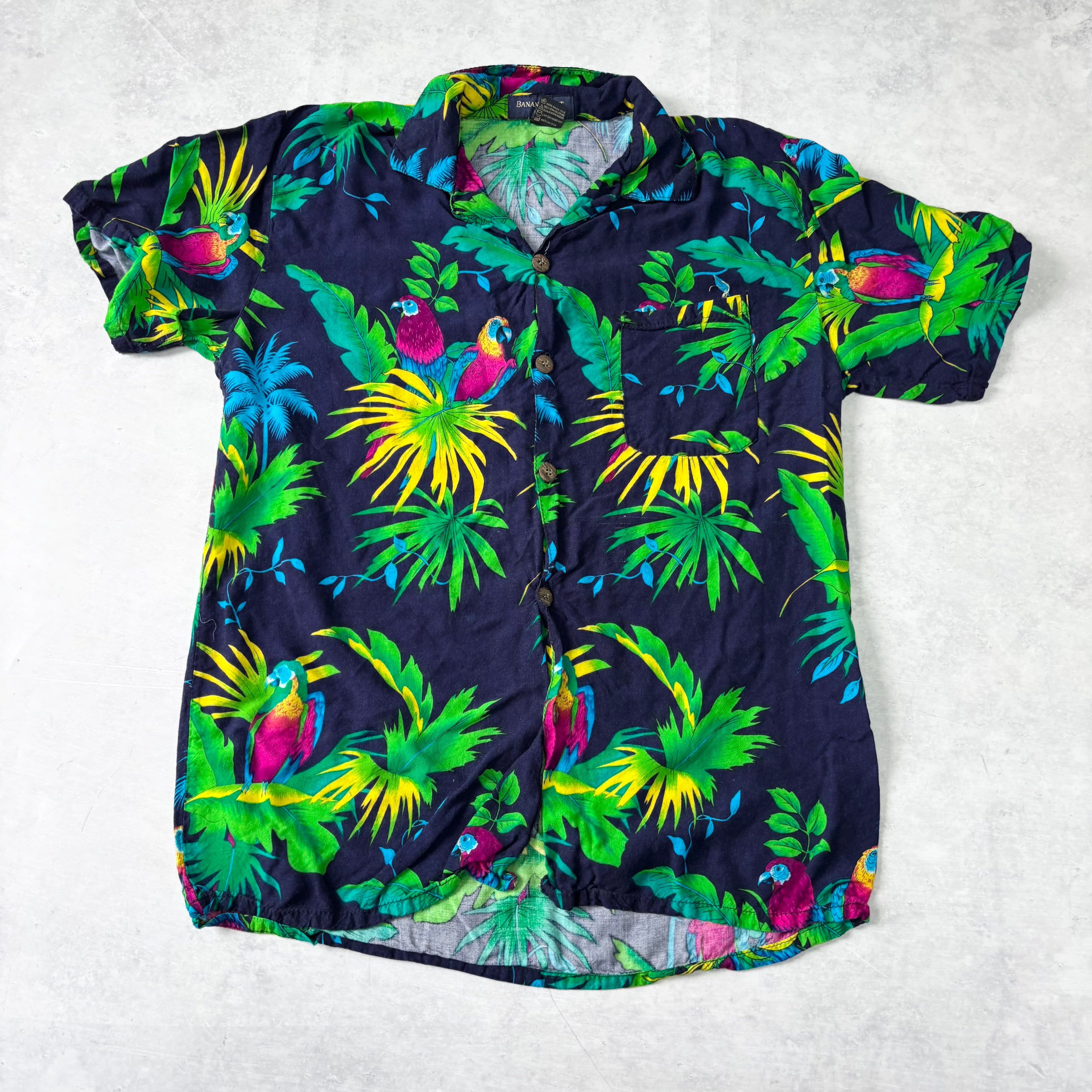 Hawaiian Shirt Mens Small Navy Blue Short Sleeve Rayon (E)