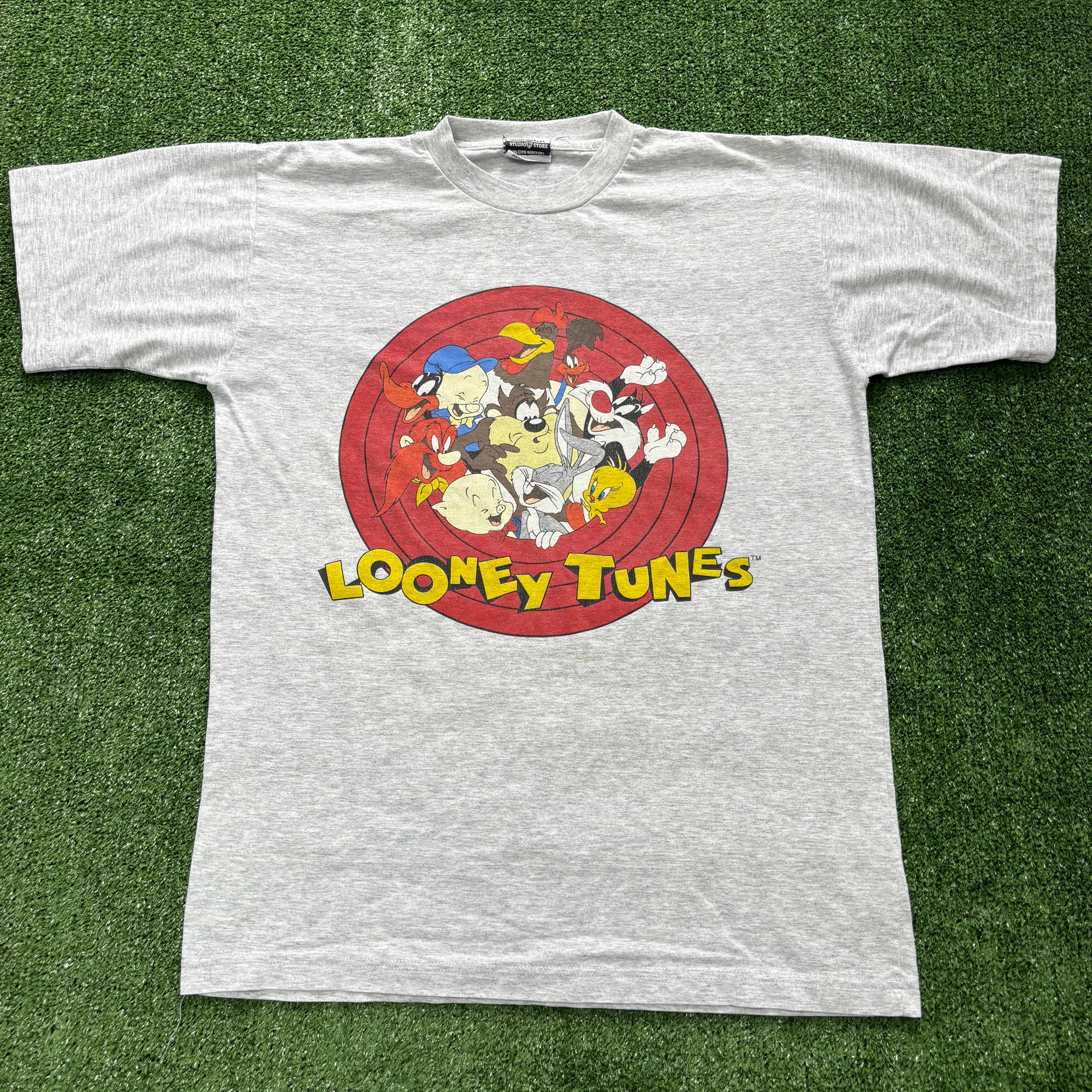 Vintage T Shirt Mens Medium Grey Looney Tunes Graphic Print 90s USA