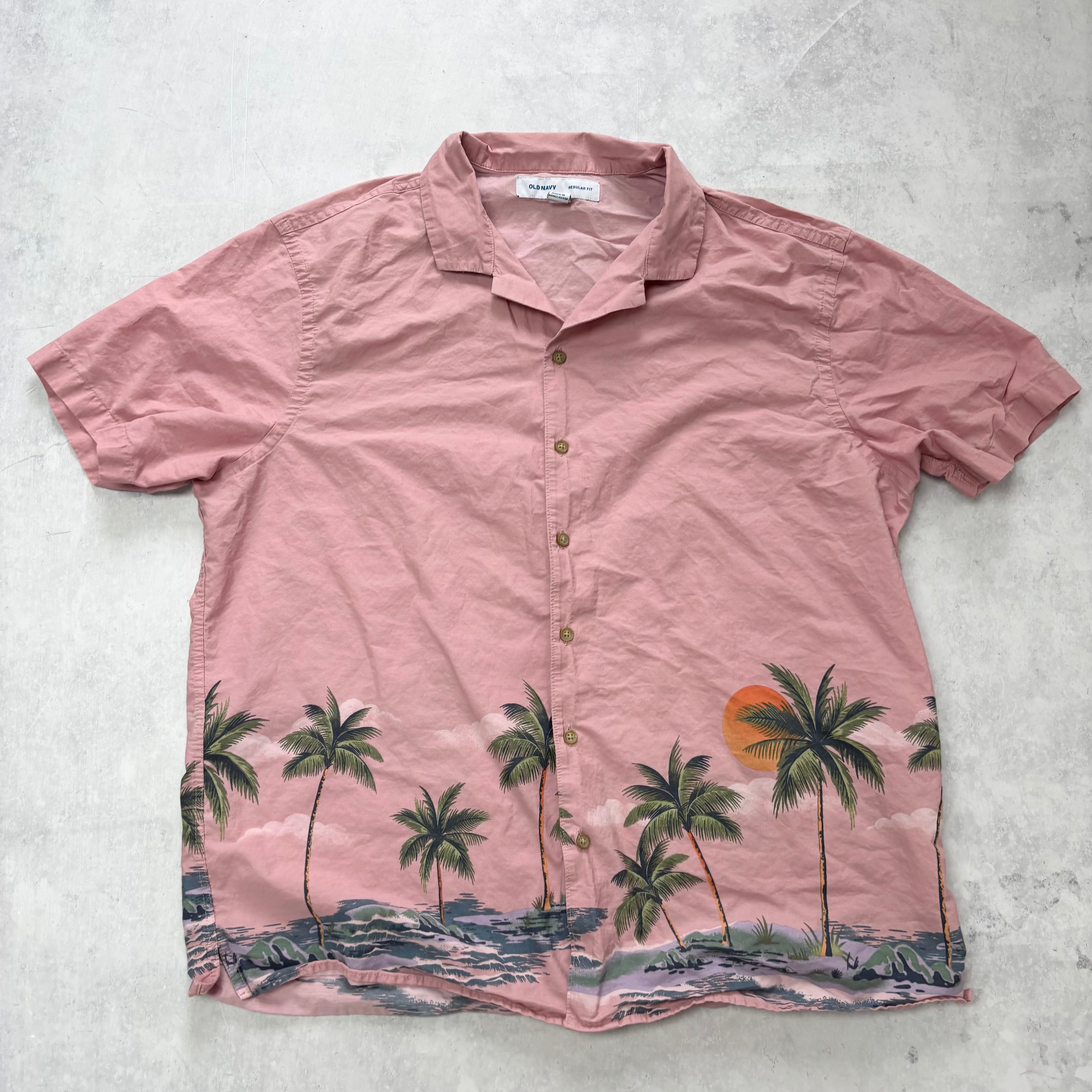 Old Navy Hawaiian Shirt Mens XL Pink Aloha Short Sleeve Cotton Regular Fit (E)