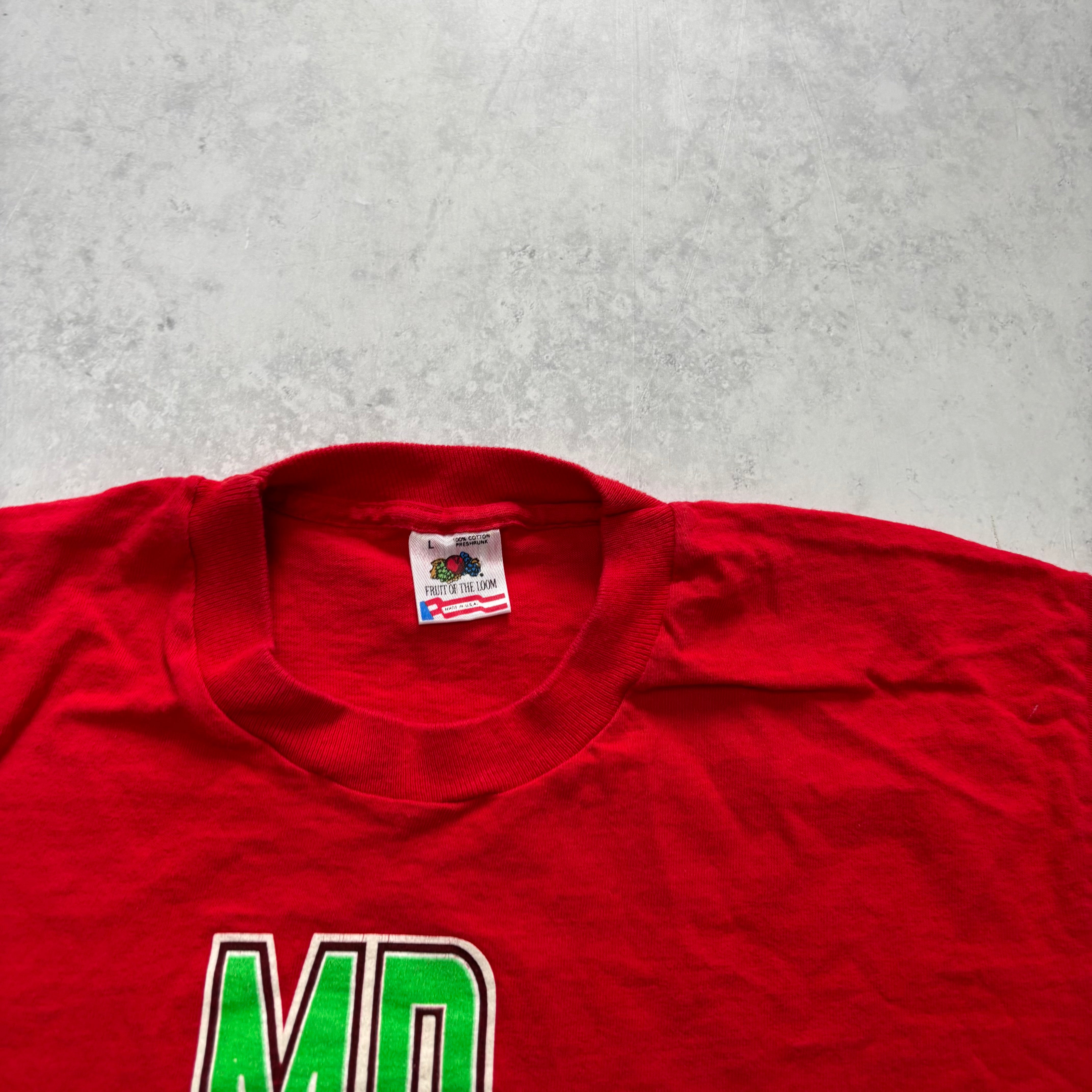 Vintage T Shirt Mens Large Red Single Stitch Graphic Print 90s USA Xmas (E)