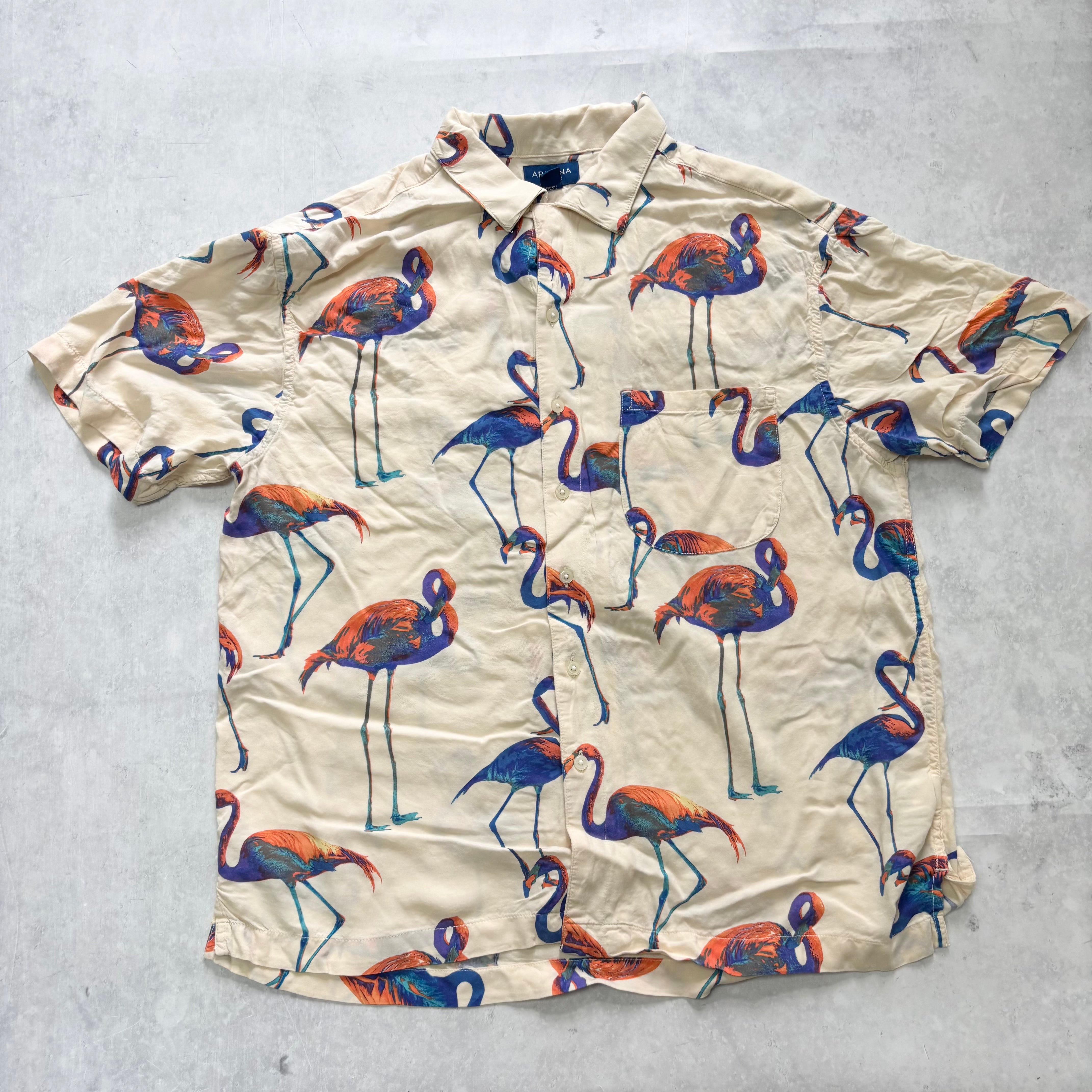 Arizona Jean Co. Shirt Mens Medium Cream Flamingos Short Sleeve Viscose (E)