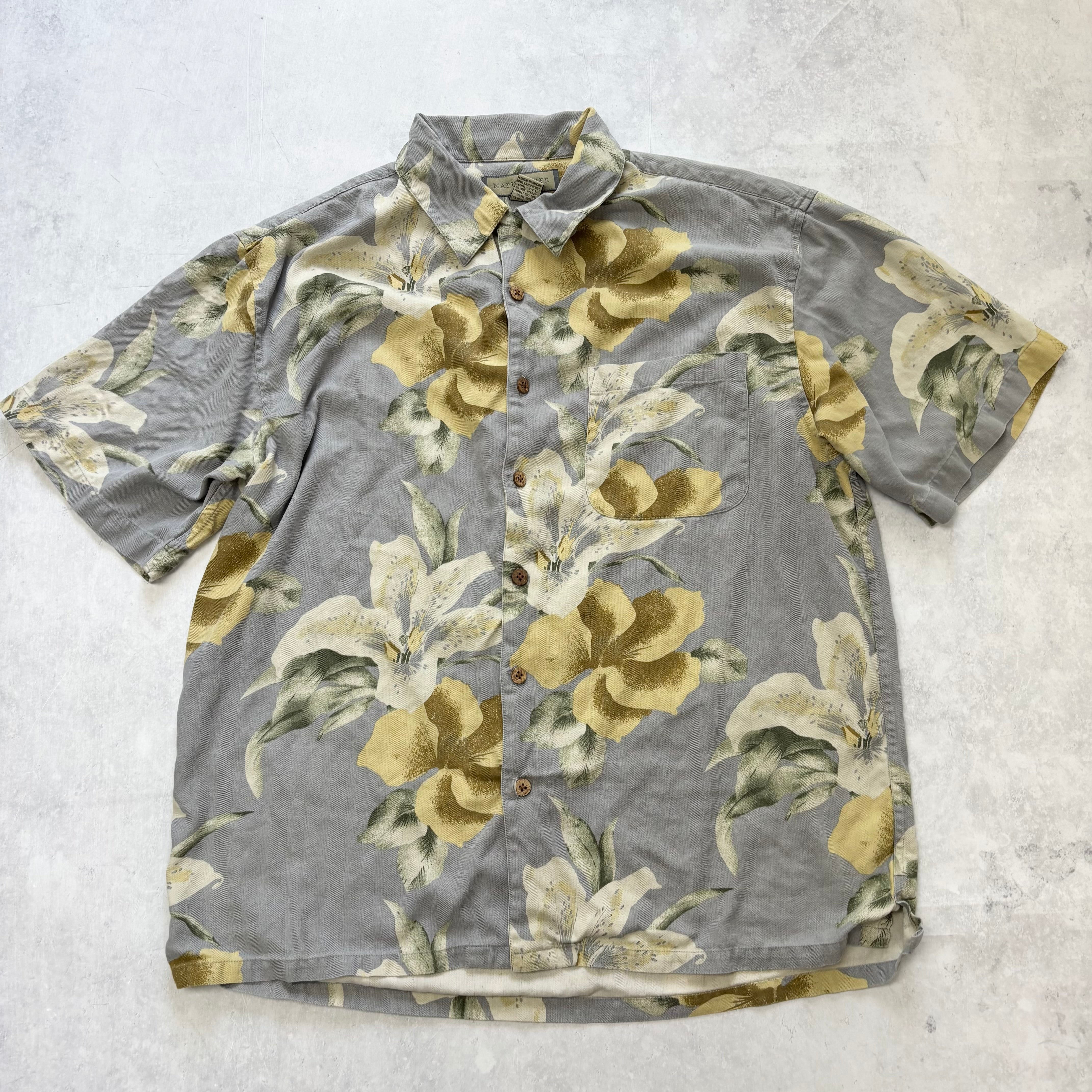 Vintage Hawaiian Shirt Mens Large Blue Silk Aloha Floral Short Sleeve Silk (E)