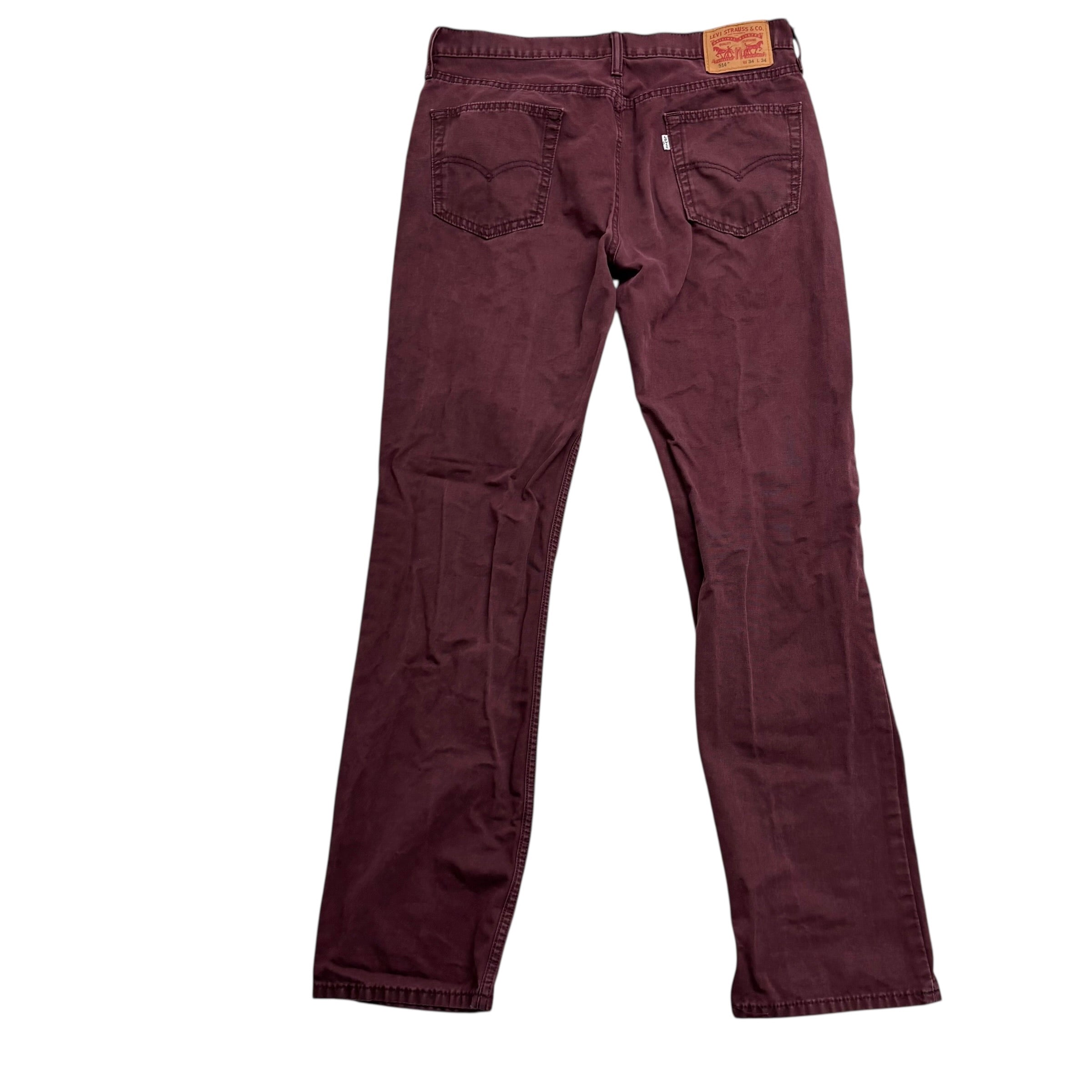 Levis 514 Trousers W34 L34 Mens Burgundy Regular Straight Fit Pants (E)