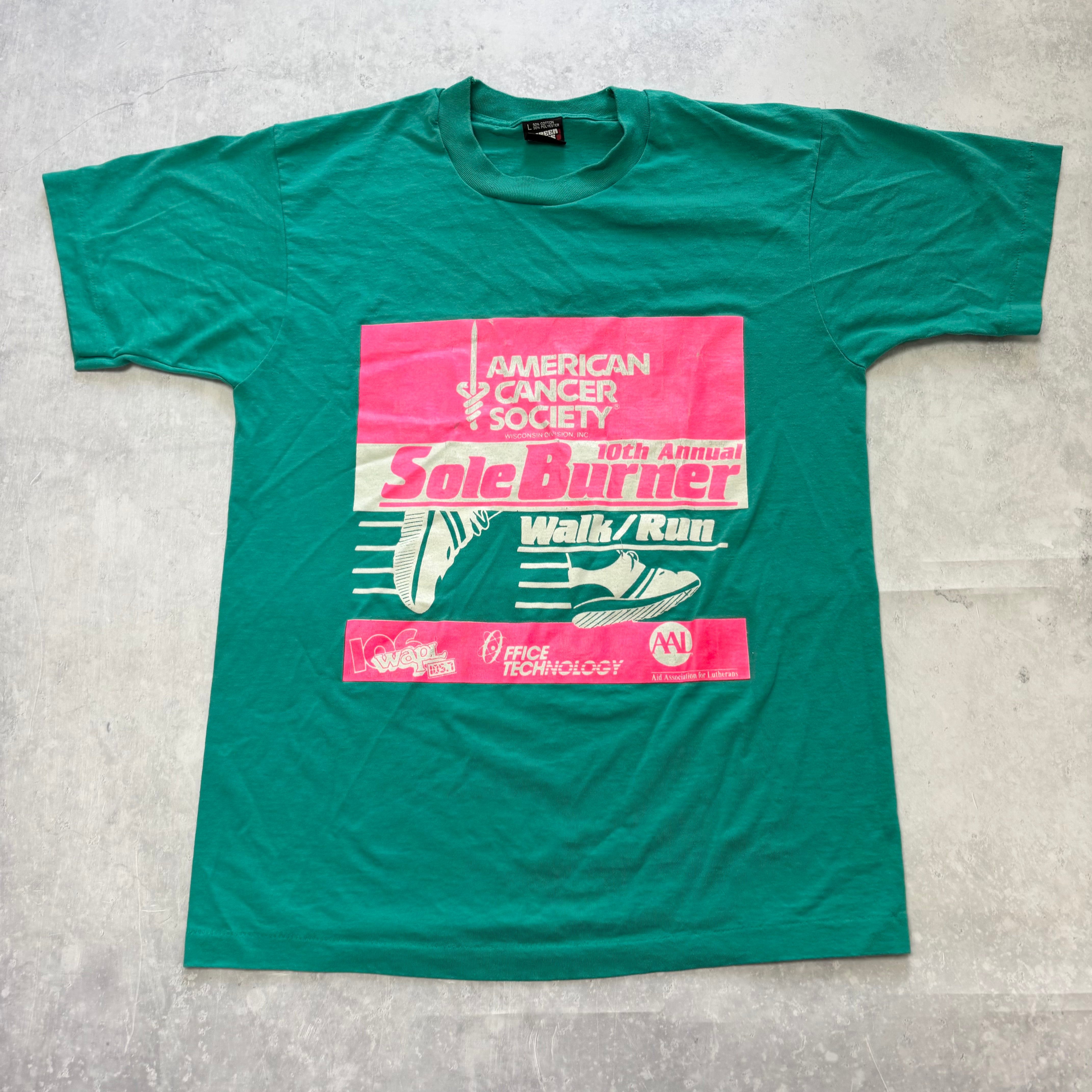 Vintage T Shirt Mens Medium Teal Green Single Stitch Graphic Print 90s Run (E)