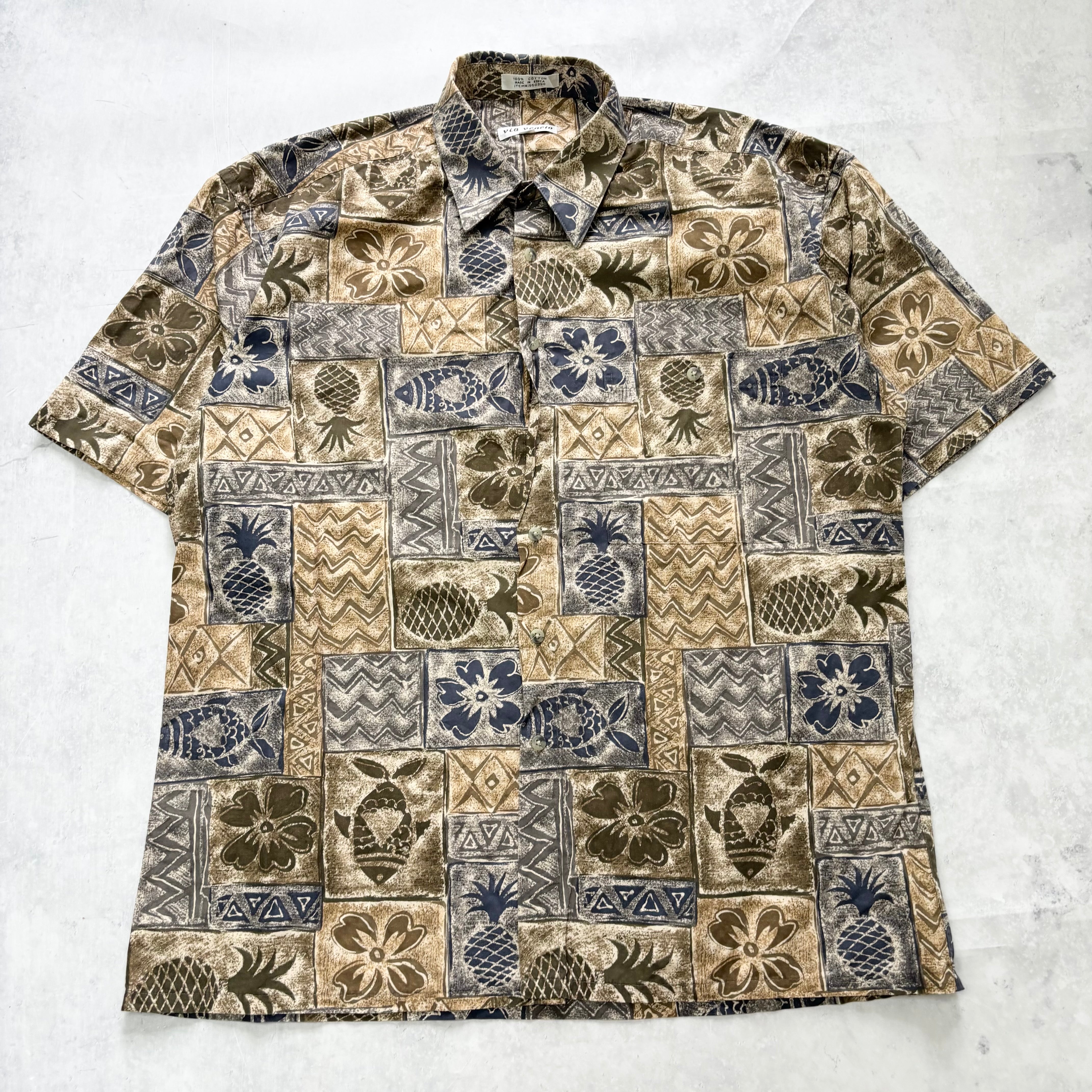 Vintage Hawaiian Shirt Mens Large Brown Floral Aloha Short Sleeve Cotton (E)