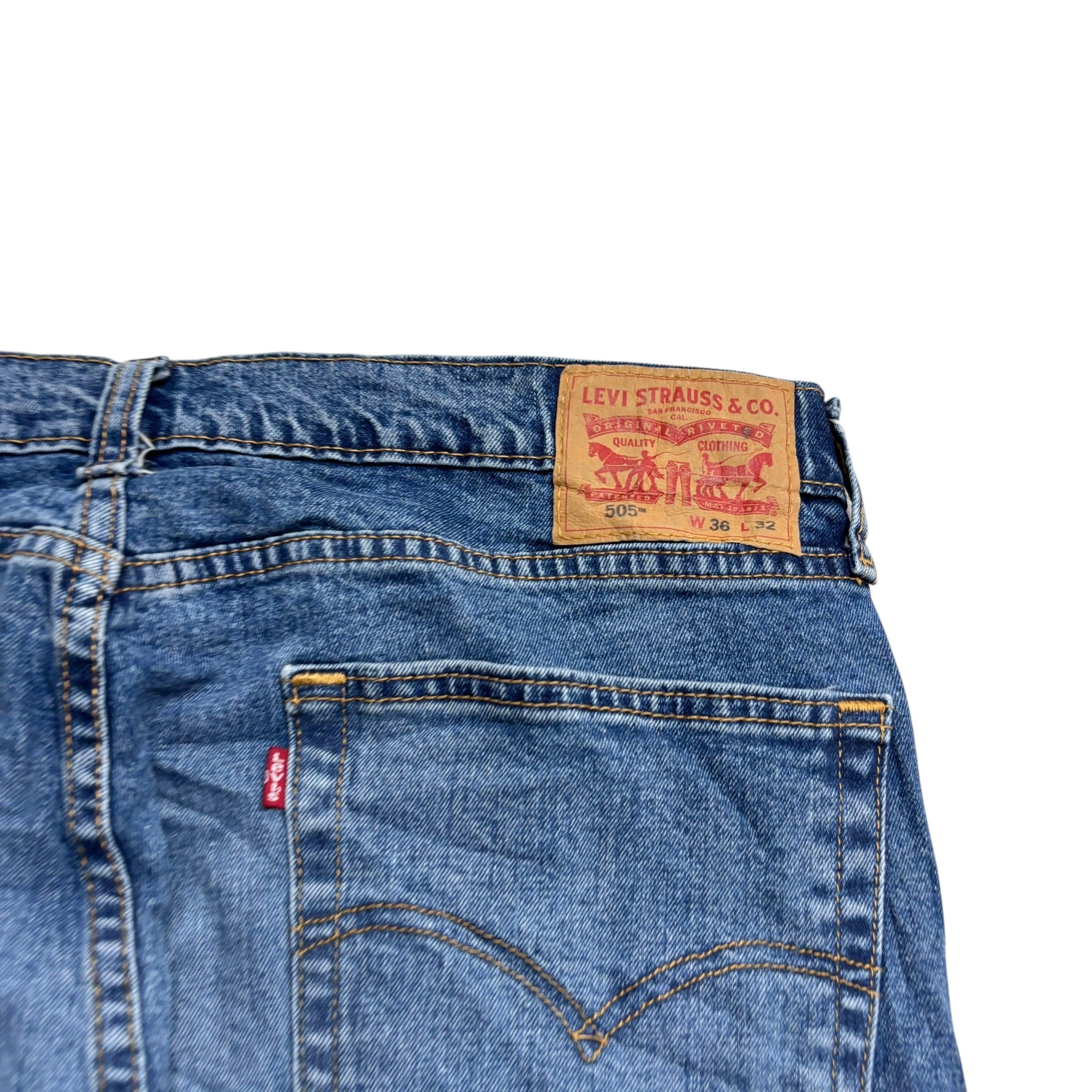 Levis 505 Jeans W36 L32 Mens Mid Blue Regular Straight Fit Stretch Denim (E)