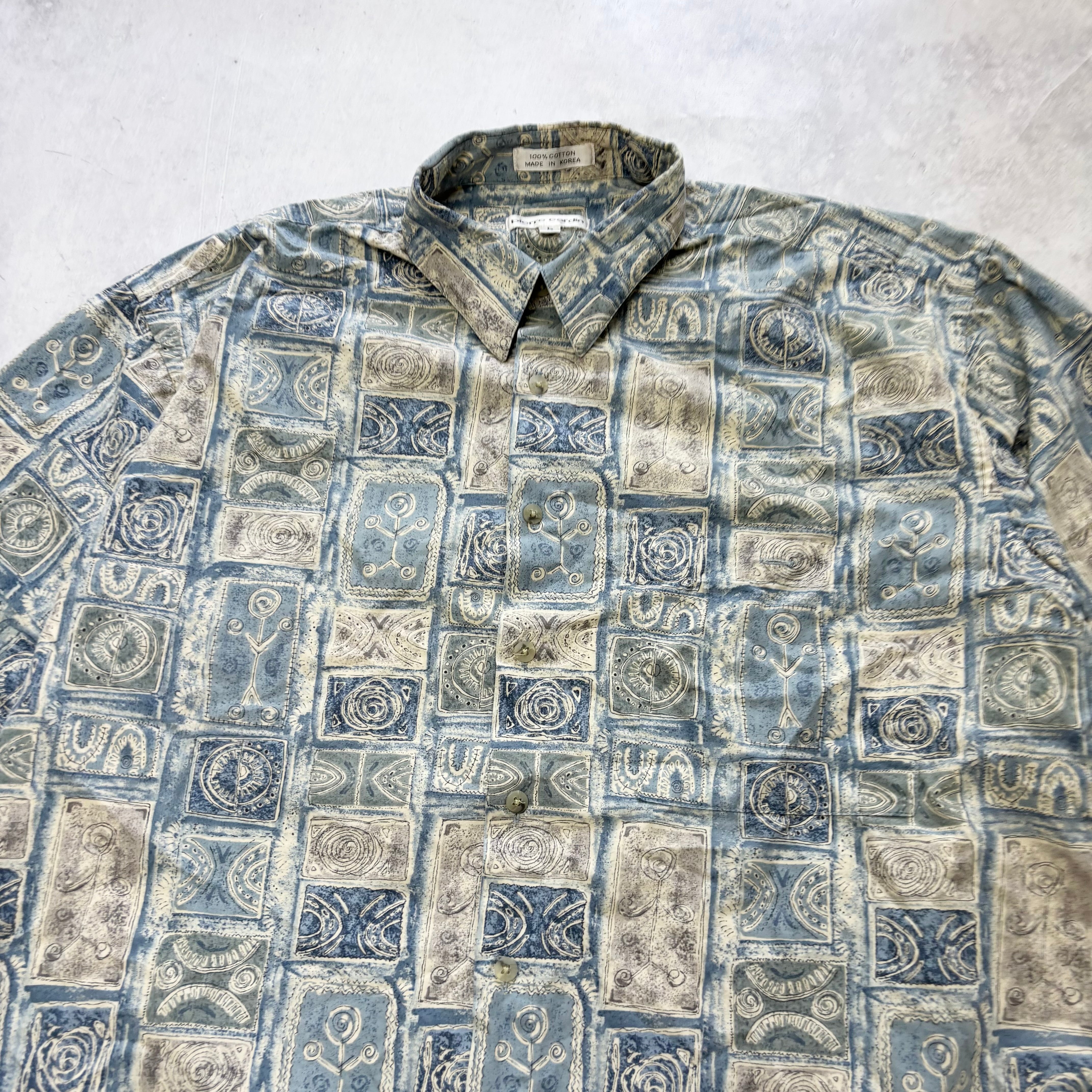 Vintage Hawaiian Shirt Mens Large Blue Pattern Abstact Short Sleeve Rayon (E)
