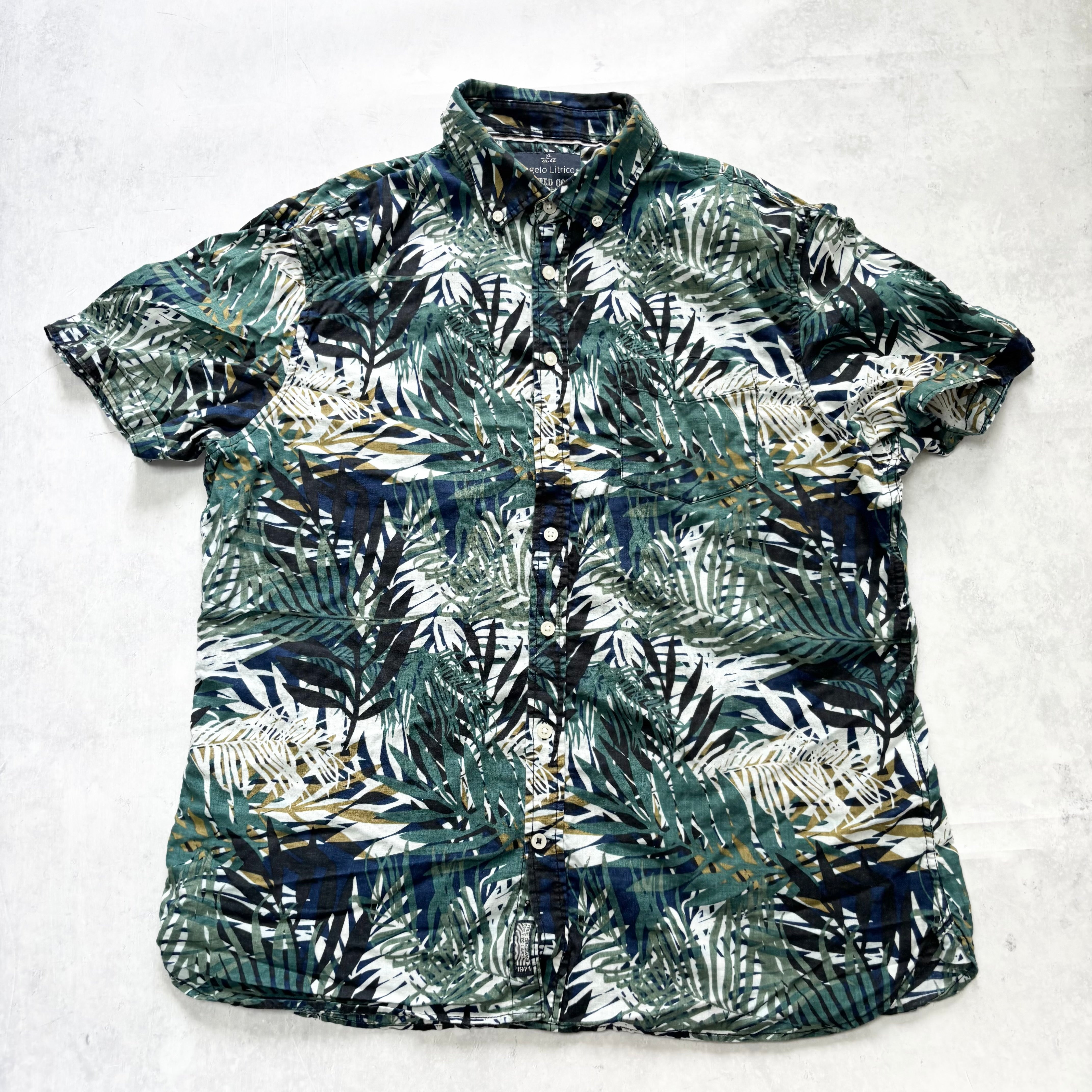 Hawaiian Shirt Mens XL Navy Green Floral Aloha Short Sleeve Slim Linen (E)
