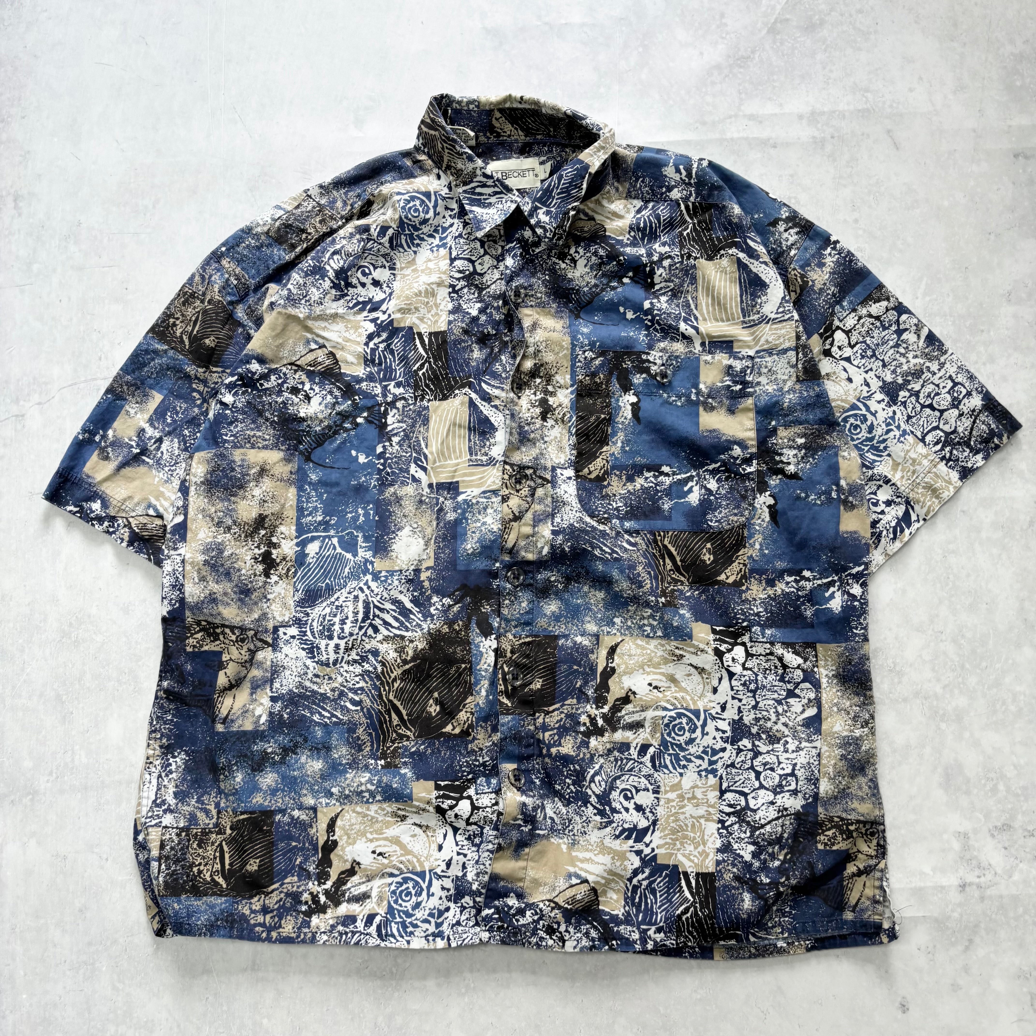 Vintage Hawaiian Shirt Mens Large Blue Floral Aloha Short Sleeve Cotton (E)