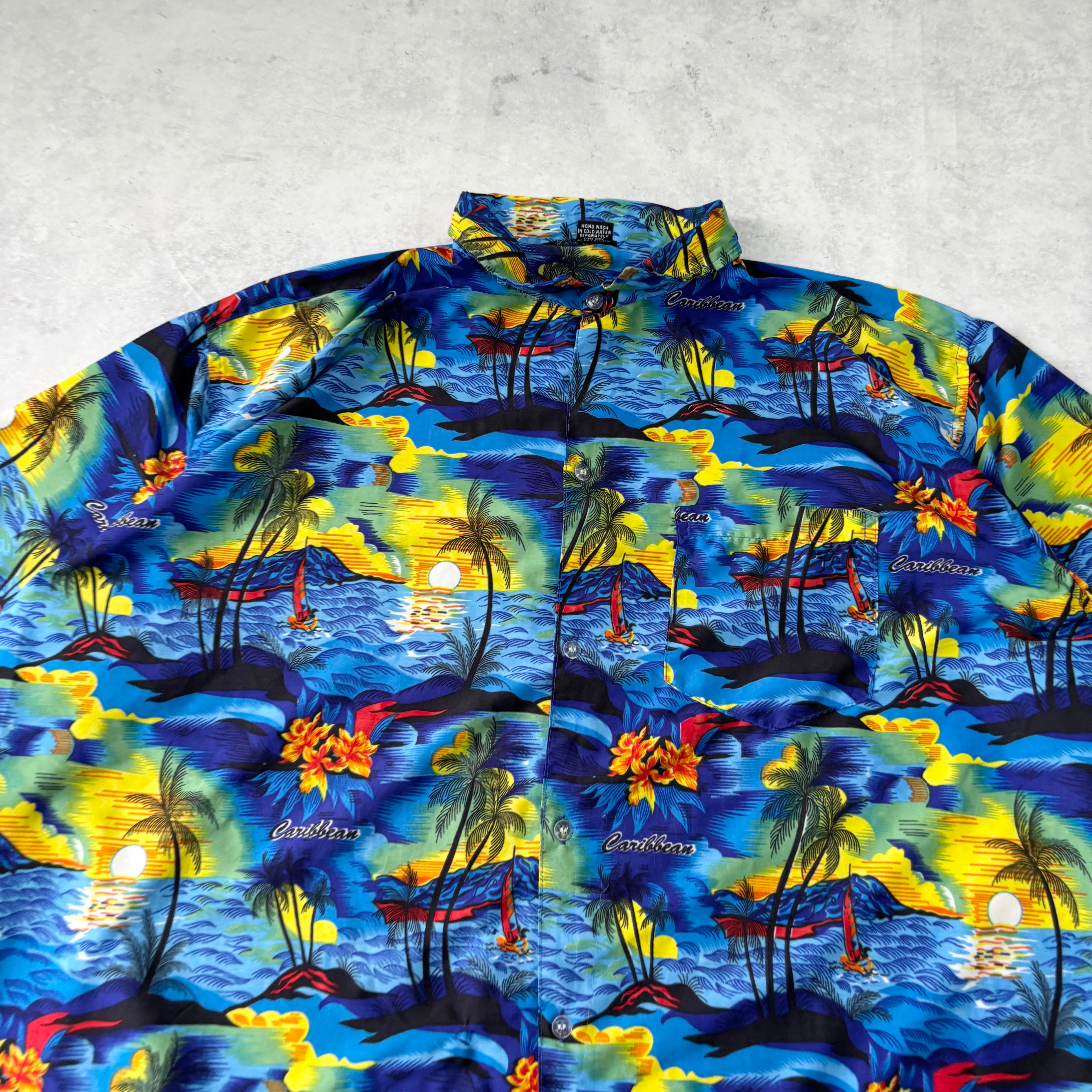 Hawaiian Shirt Mens XXL Blue Floral Aloha Short Sleeve Polyester (E)