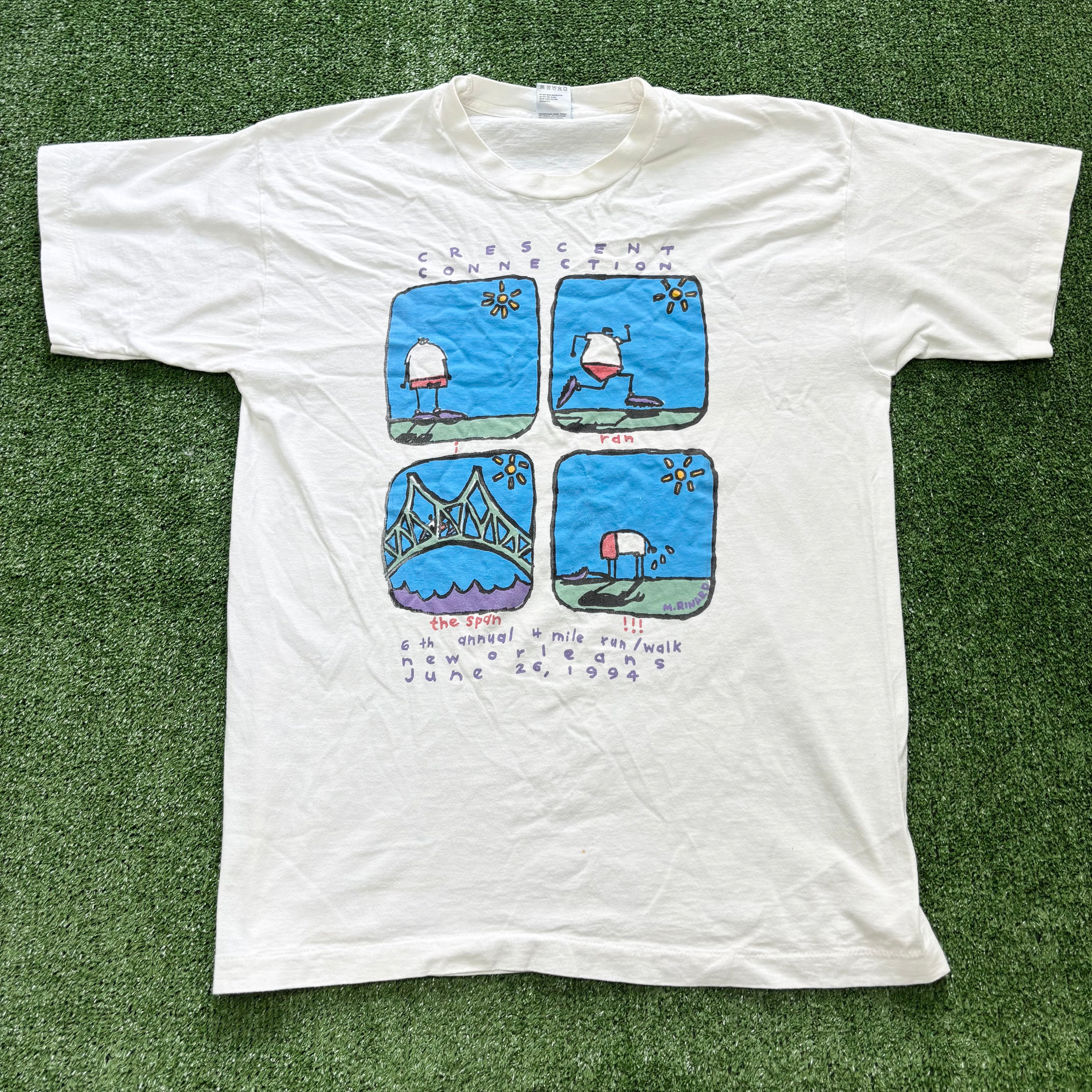 Vintage T Shirt Mens Large White Single Stitch Graphic Print 90s USA Run (E)