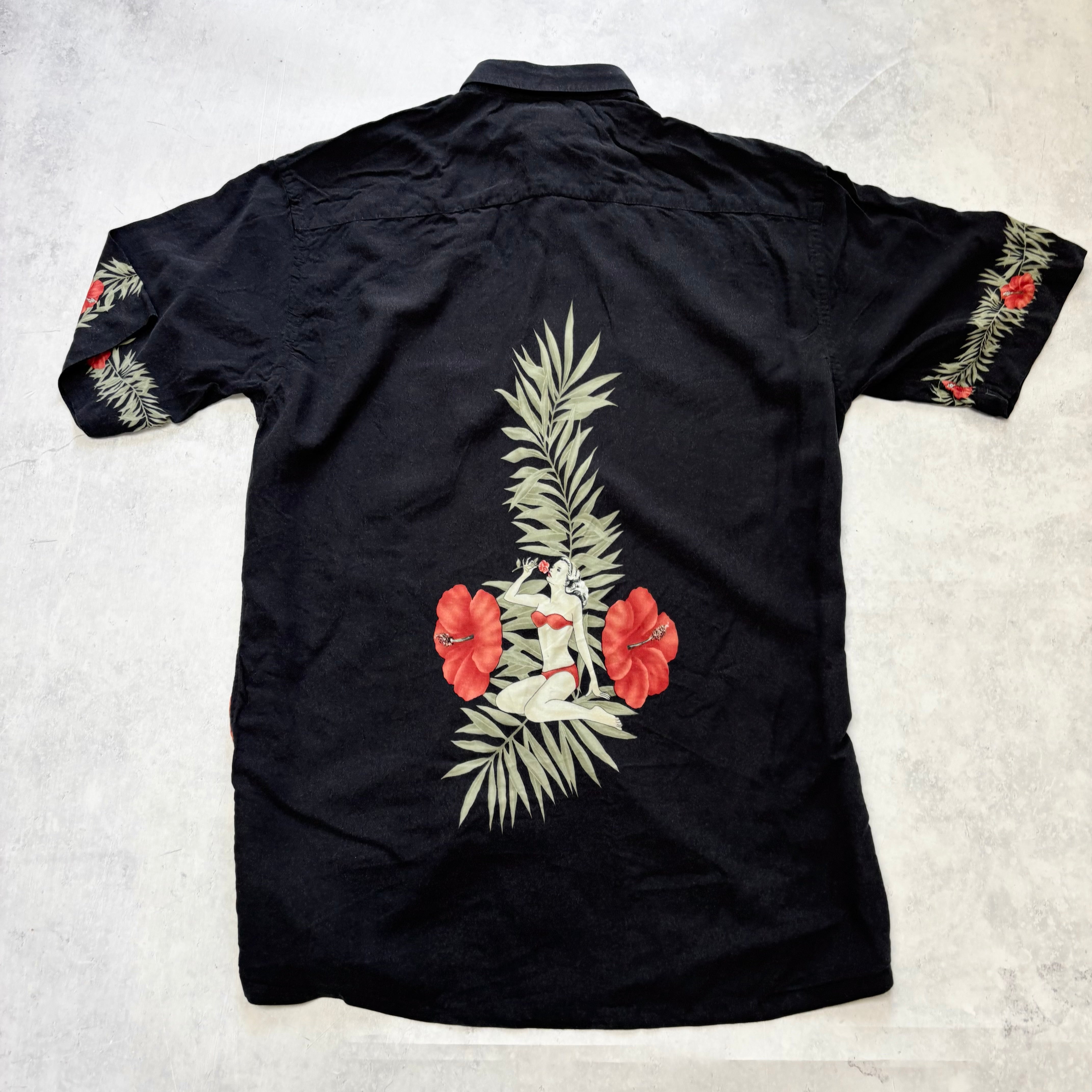 Vintage Hawaiian Shirt Mens Small Black Floral Aloha Short Sleeve Rayon