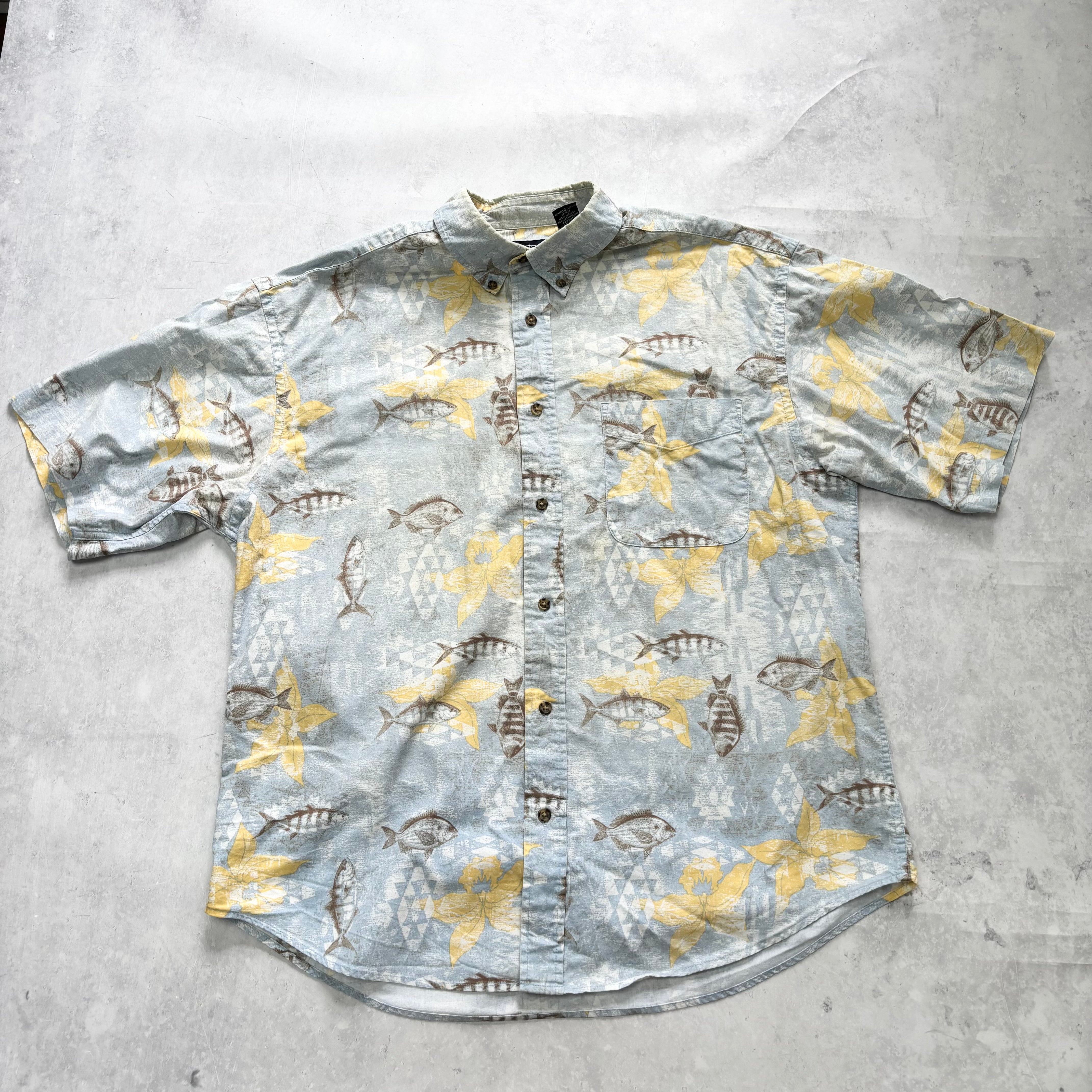 Vintage Hawaiian Shirt Mens Large Blue Yellow Floral Aloha Short Sleeve Rayon (E)